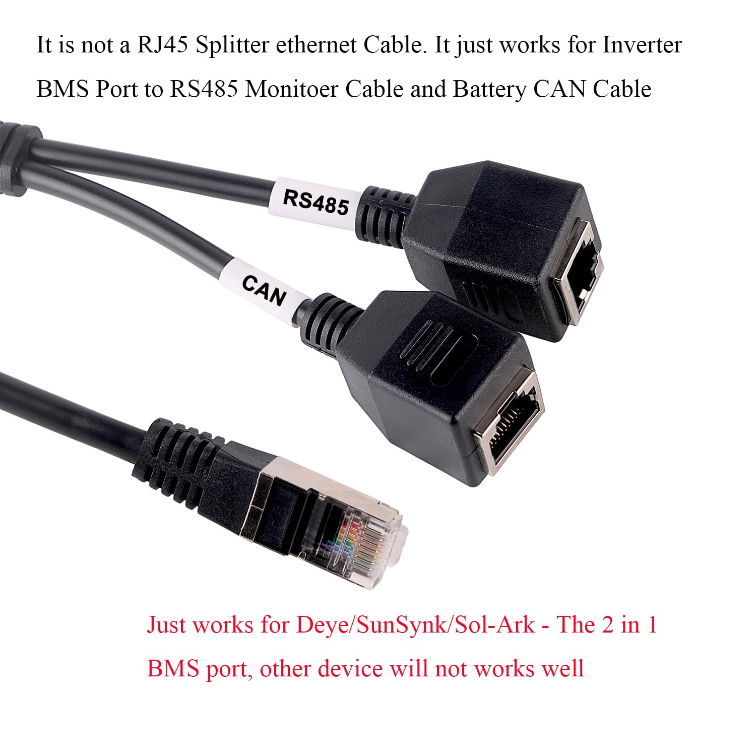 RJ45 Splitter 2 in 1 BMS Port Connecting RS485 Monitor CAN Battery Cable for Deye/SunSynk/Sol-Ark