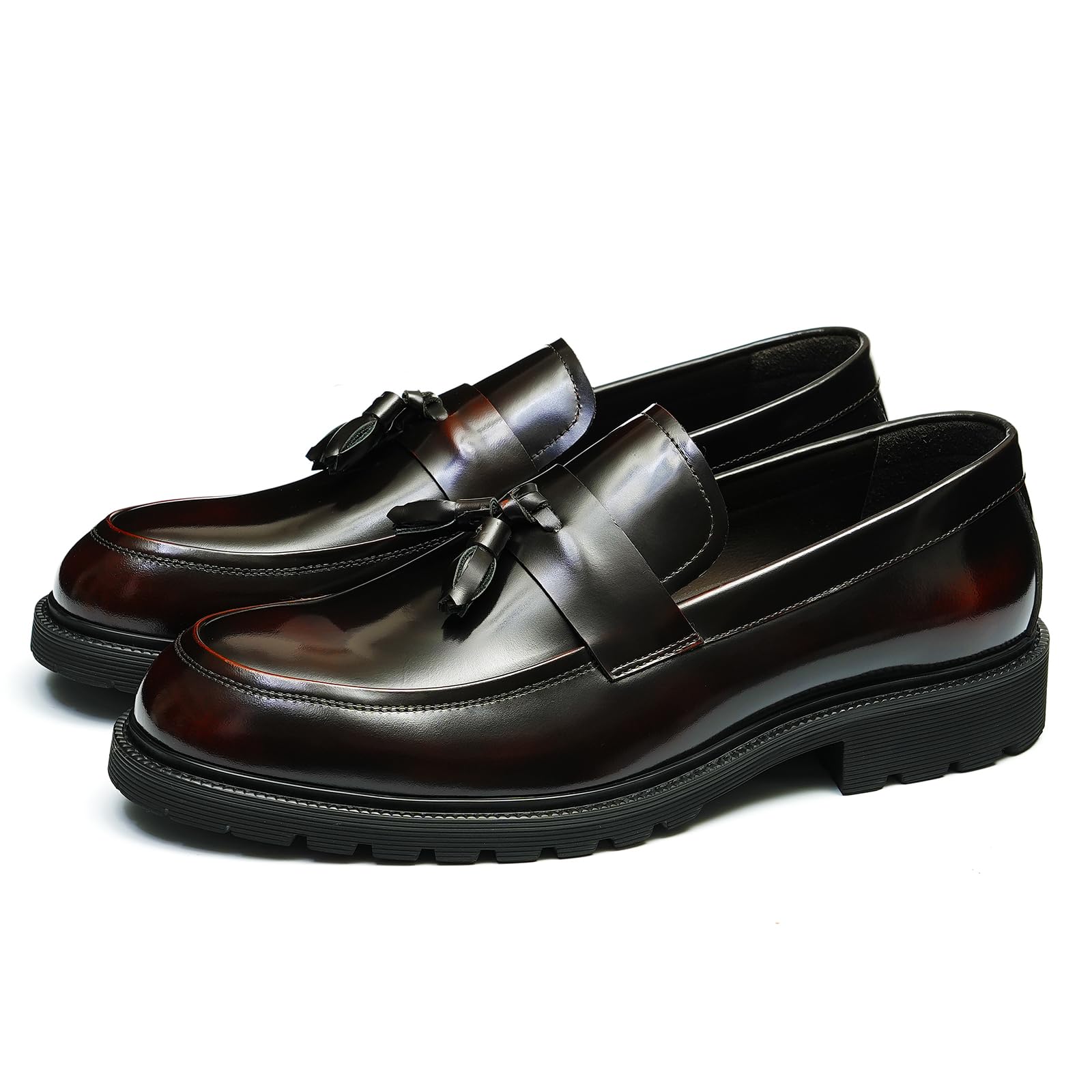 Loafers Cómodos Suela Gruesa y Borlas para Hombre Mocasines Formales Slip On Zapatos Bajos de Vestir Casuales en Cuero