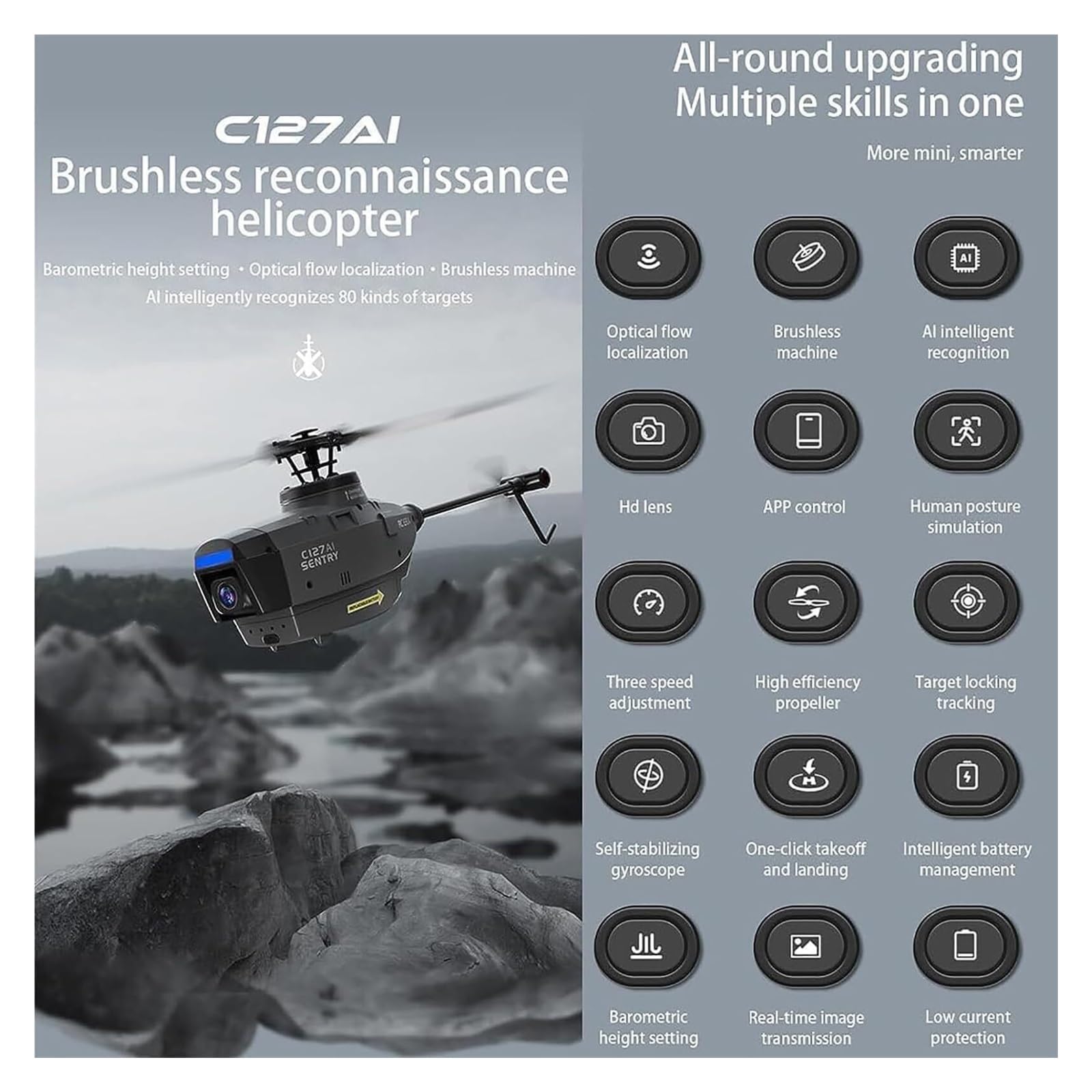 Elicottero RC Scout C127AI con Telecamera 1080P, Modello di Elicottero brushless monorotore 2.4G 4CH Senza alettoni, velivolo telecomandato con giroscopio a 6 Assi(Gray,Dual Batteries)