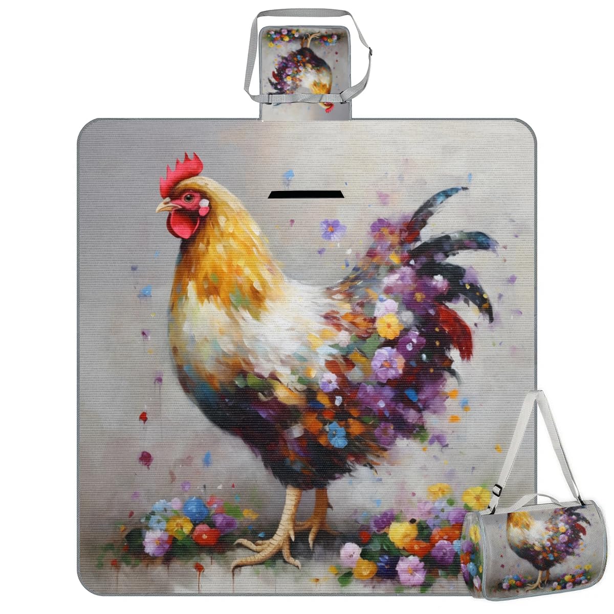 Mantas de picnic de 150 x 145 cm, diseño de flores de aceite, gallo y pollo, manta de playa plegable para exteriores, impermeable, para playa, camping, senderismo, picnic
