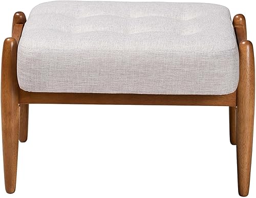 Miniatura 4 de Baxton Studio Jeanine Japandi - Reposapiés otomano de madera con acabado de color beige grisáceo y marrón nogal