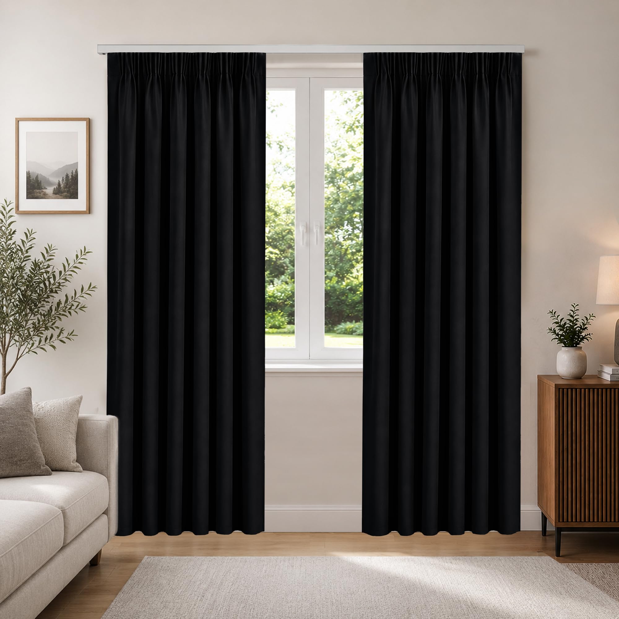 Aspire Homeware Black Super Soft Pencil Pleat Curtains 66X84 Inch Drop Thermal Insulated Energy Saving Curtain Tape Top Door Curtains For Living Room 2 Panels With Tiebacks