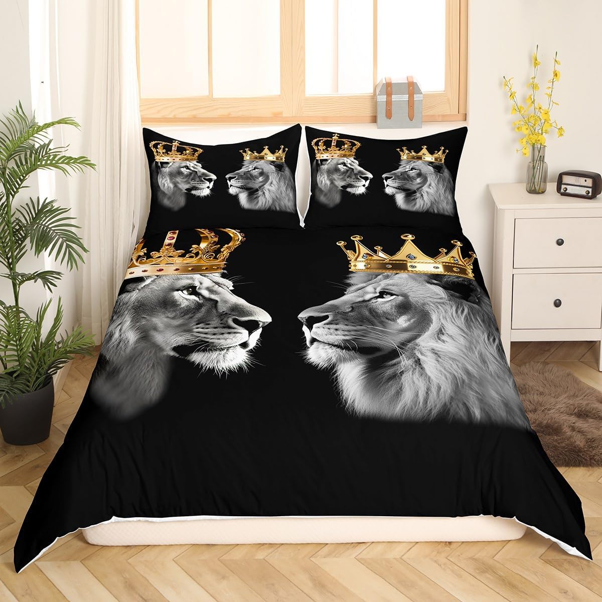 Wild Lion Animal Duvet Cover Queen Size,Golden Crown Print King and Queen Theme Bedding Set for Xmas Bedroom, Tropical African Style Microfiber Comforter Cover with 2 Pillowcases (No Comforter) - Image 3