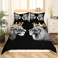Vista 3 de Funda de edredón con estampado de león salvaje tamaño Queen, juego de ropa de cama con diseño de corona dorada para dormitorio de Navidad, tema