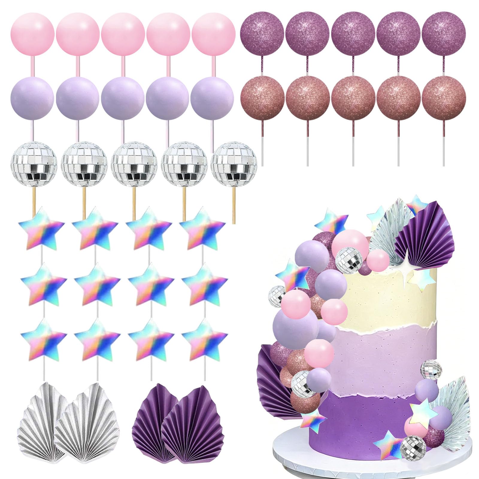 Disco Ball Cake Decor, 41PCS Balls Cake Toppers, Ball Cake Topper Decorations, Disco Ball Cake Decoration, Purple Palm Leaves Cake Decoration Disco Ball Cake Decorations for Birthday Party Decoration