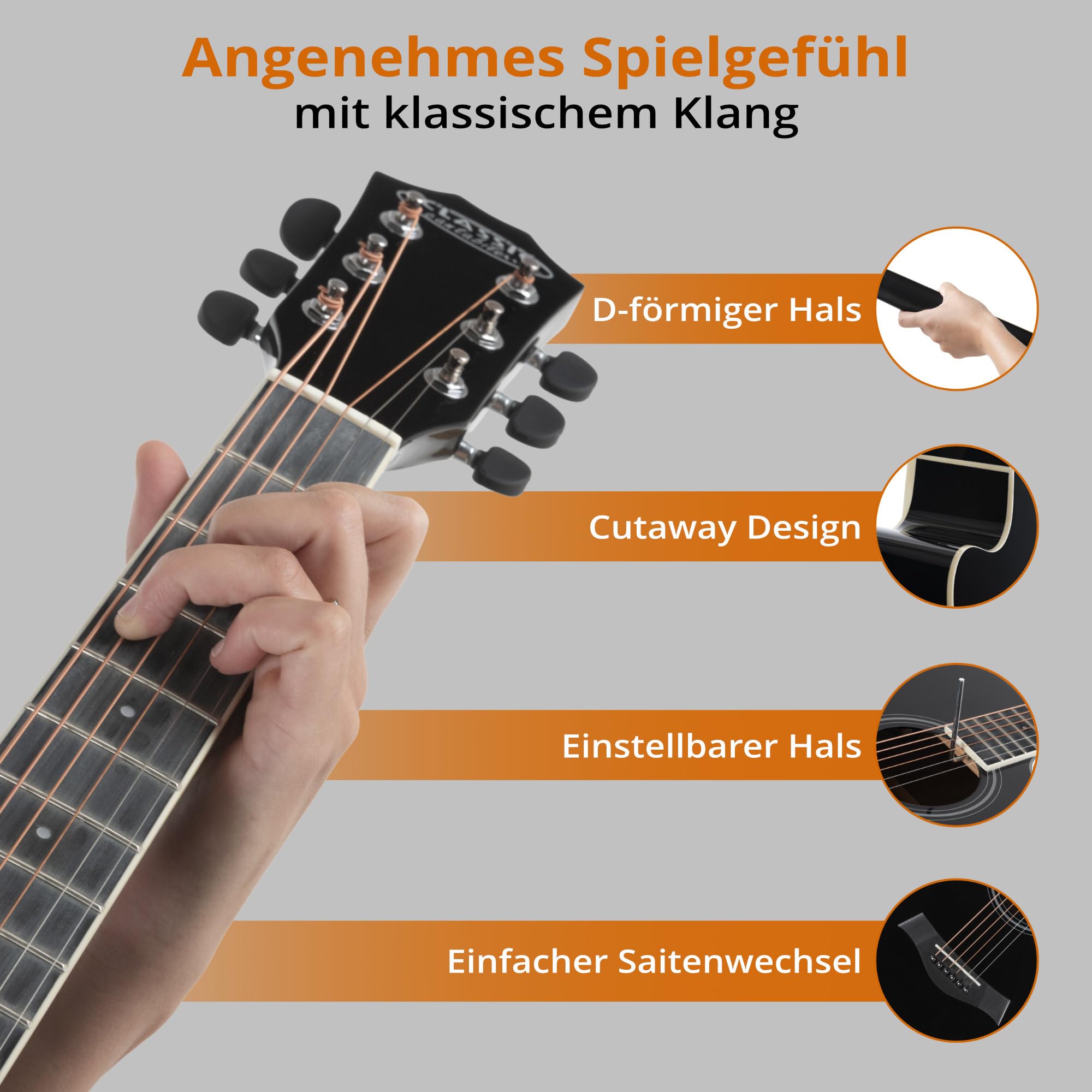 Classic Cantabile WS-20 BKEQ Dreadnought Westerngitarre - Akustikgitarre mit Stahlsaiten - Gitarre mit Tonabnehmer und 3-Band Equalizer - Geschlossene und Gummierte Chrom-Mechaniken - Schwarz