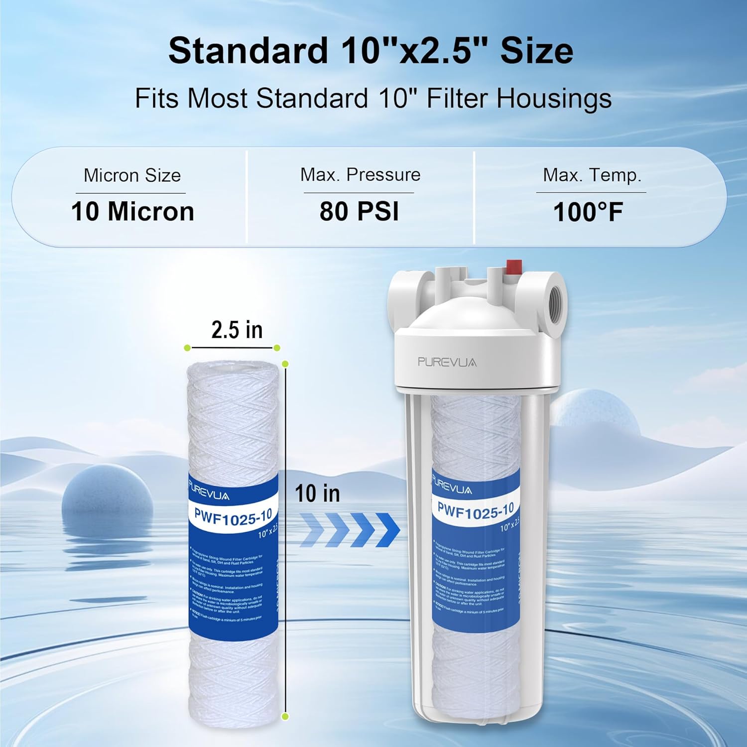 10 Micron 10"x2.5" String Wound Sediment Filter, Whole House Water Filter Cartridge for Well Water, Compatible with CW-F, AO-WH-PRE-R2, WHKF-WHSW, Fits Standard 10" Housings, 6 Pack
