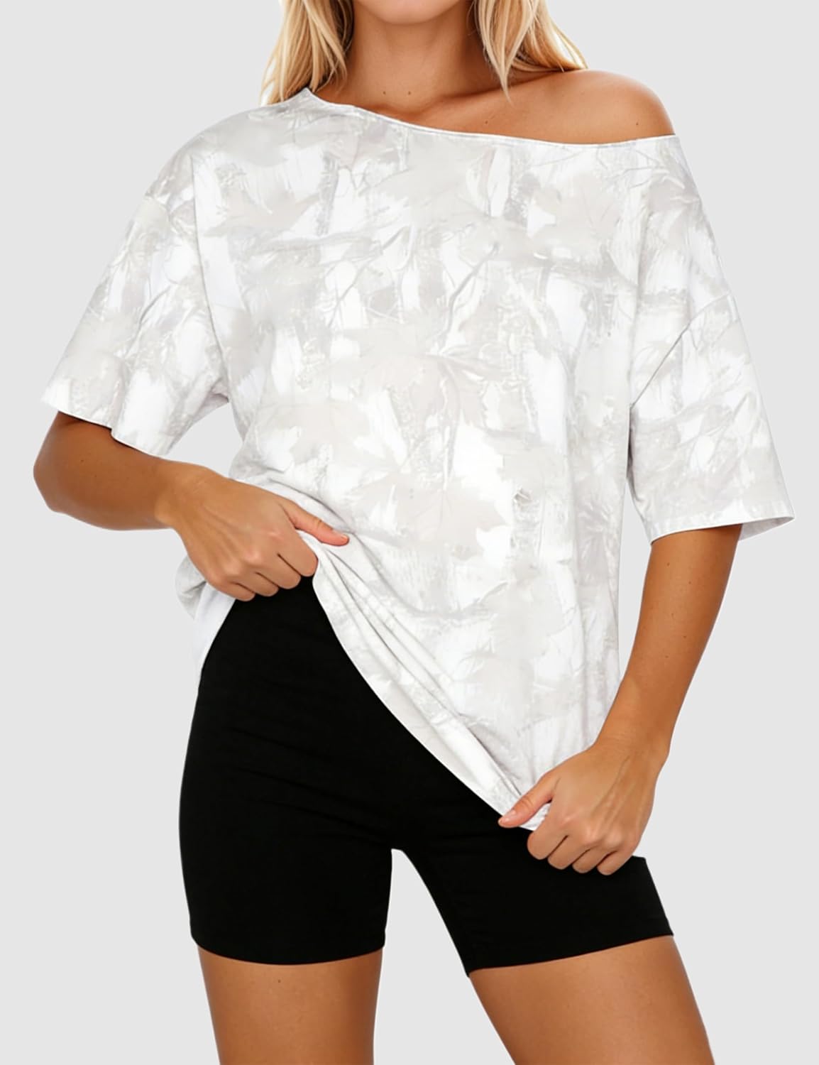 Off The Shoulder Tops for Women Camo Shirt Oversized T Shirt Y2K Maple Leaf Print Tshirt Short Sleeve Summer Outfits - Image 3