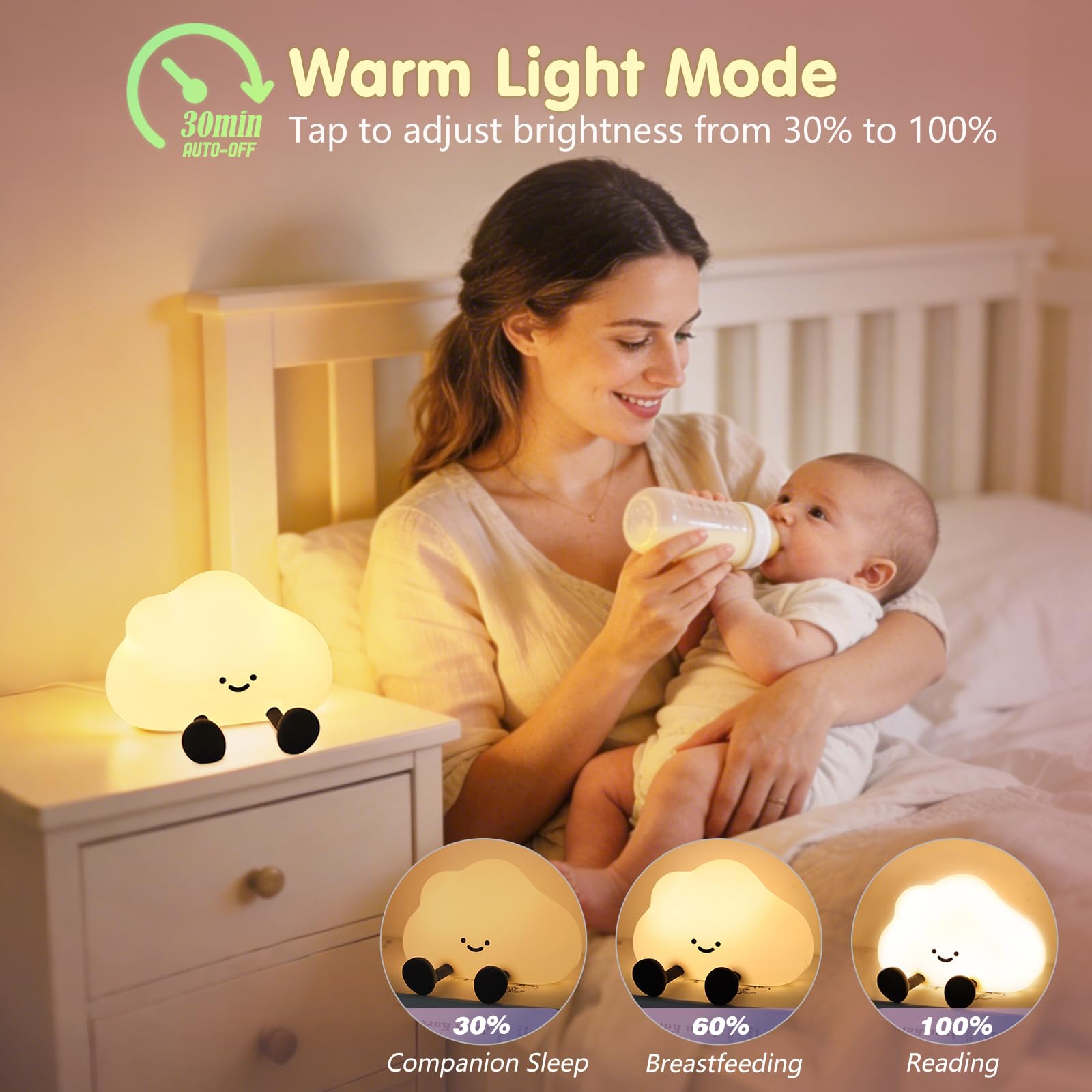 YISUN Luz nocturna de nube, bonita lámpara LED, lámpara blanda de silicona, recargable, luz nocturna para guardería con 3 niveles regulables, lámpara táctil para dormitorio, decoración de habitación