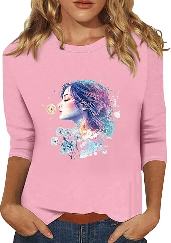 Summer Tops for Women Trendy Graphic Crewneck Tunic Cute 3/4 Sleeve 2D Print Blouses Casual Loose Shirts Fashion Tee