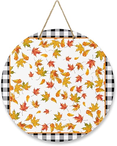 Welcome Sign for Front Door Decoration, Thanksgiving Maple Leaf Black White Buffalo Plaid Fall 10 Inch Hanging Sign Plaque Holiday Decor for Porch