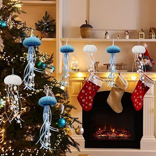 Miniatura 5 de 8 piezas de adorno de Navidad de medusa de erizo de mar, adornos de Navidad con temática de mar a granel con cristal y cinta para árbol de Navidad