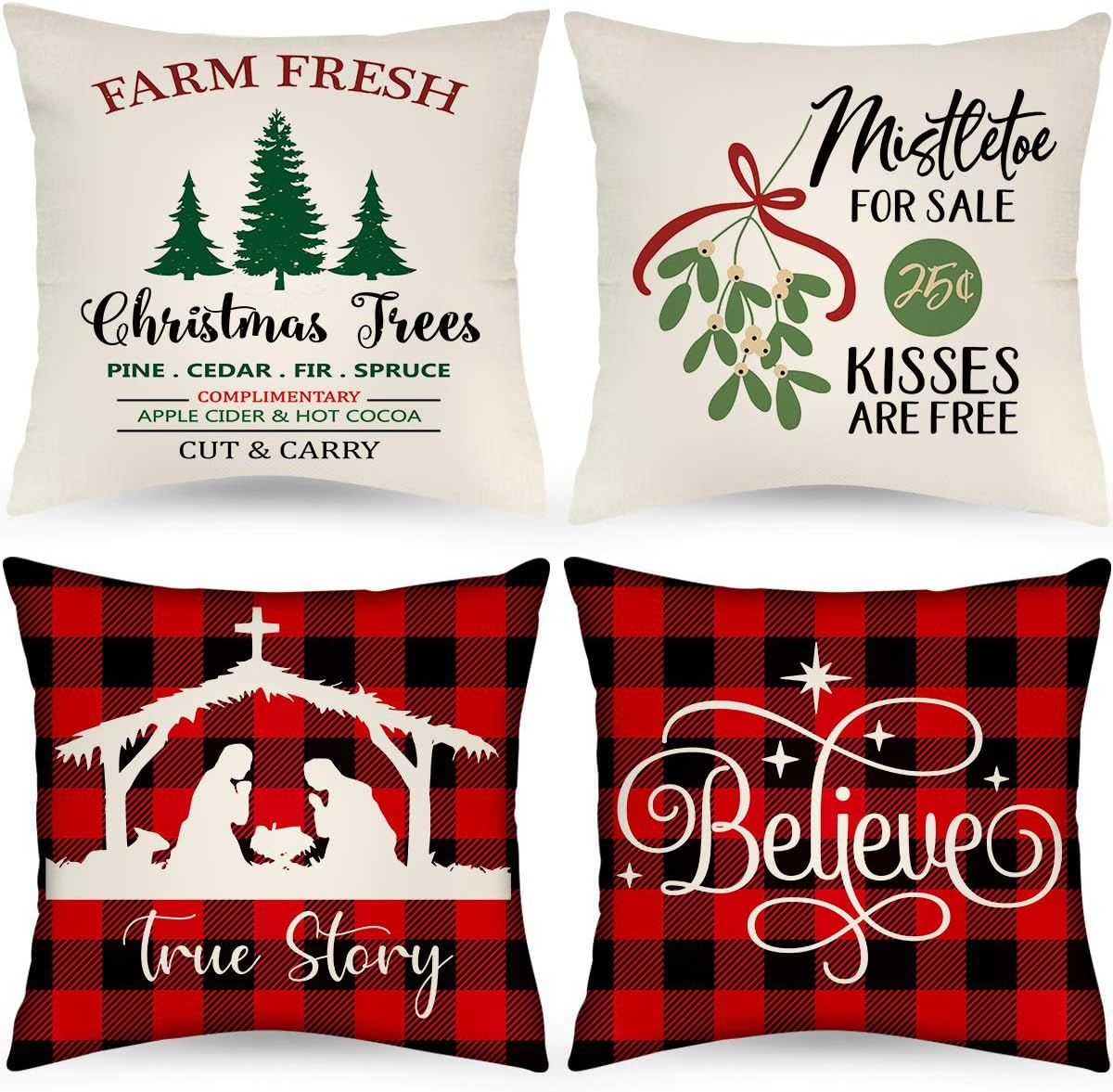 LAVEVEFarmhouse Christmas Pillow Covers, 18x18 Set of 4 for Christmas Black and Red Buffalo Plaid Christmas Decorations Throw Pillow Covers Decor Buffalo Check Throw Pillows