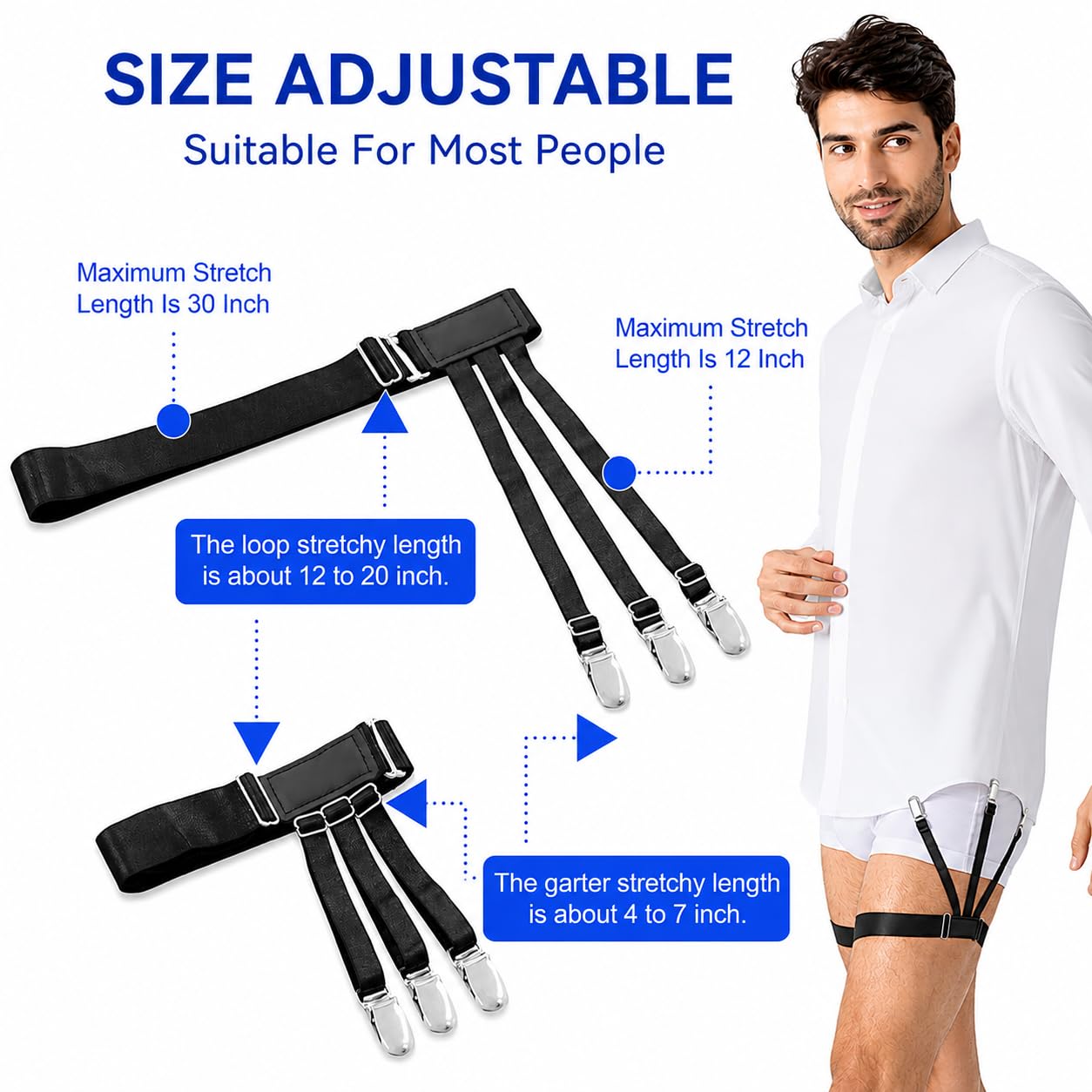 SHYAM EXPORT Men's Adjustable Shirt Stays - Premium Elastic Shirt Holders & Garters | Non-Slip Locking Clamps | Slim Fit Crease-Resistant Suspenders for a Sharp & Tucked Look 1