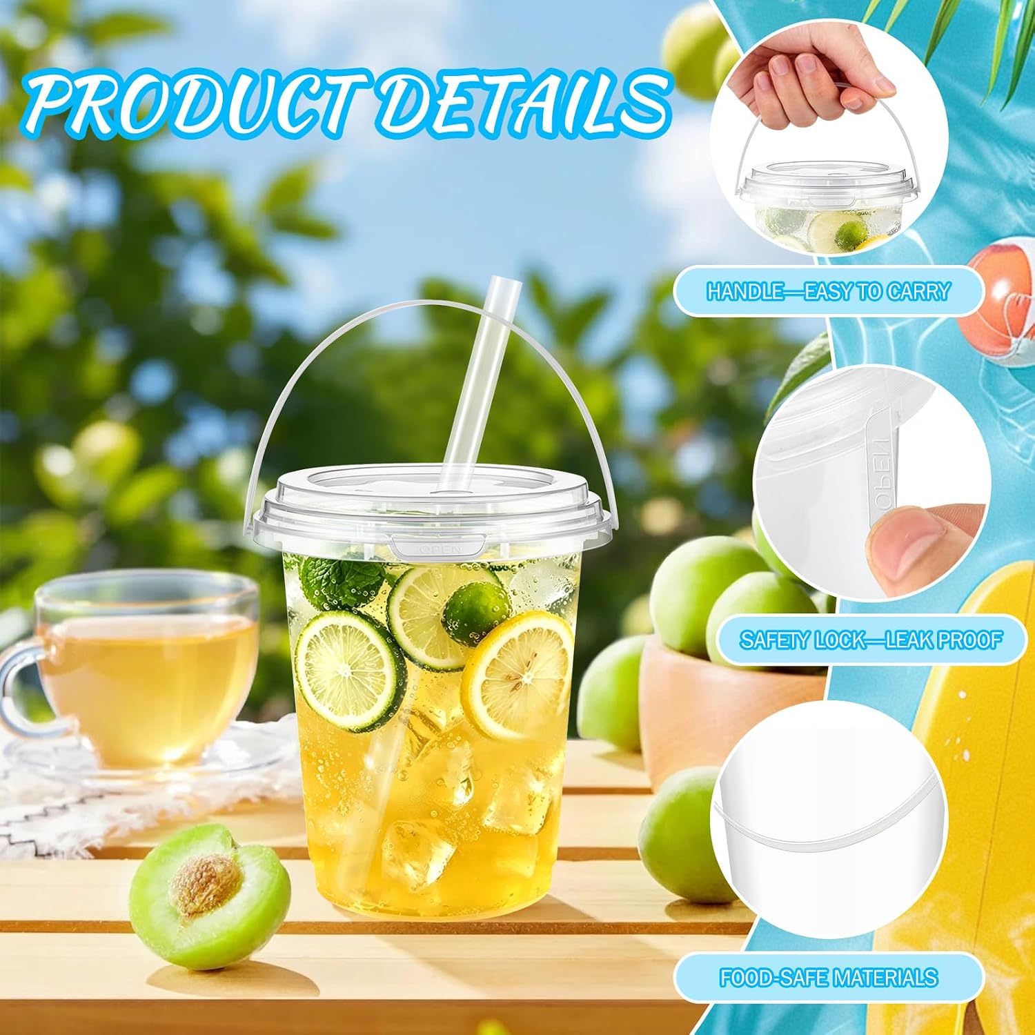 30 Sets 34 oz Drink Buckets with Lids and Straws, Disposable Clear Plastic Party Cups with Handles for Rum, Iced Coffee, Smoothies, Milkshakes, Sturdy Beverage Tubs for Pool Beach and Outdoor Parties