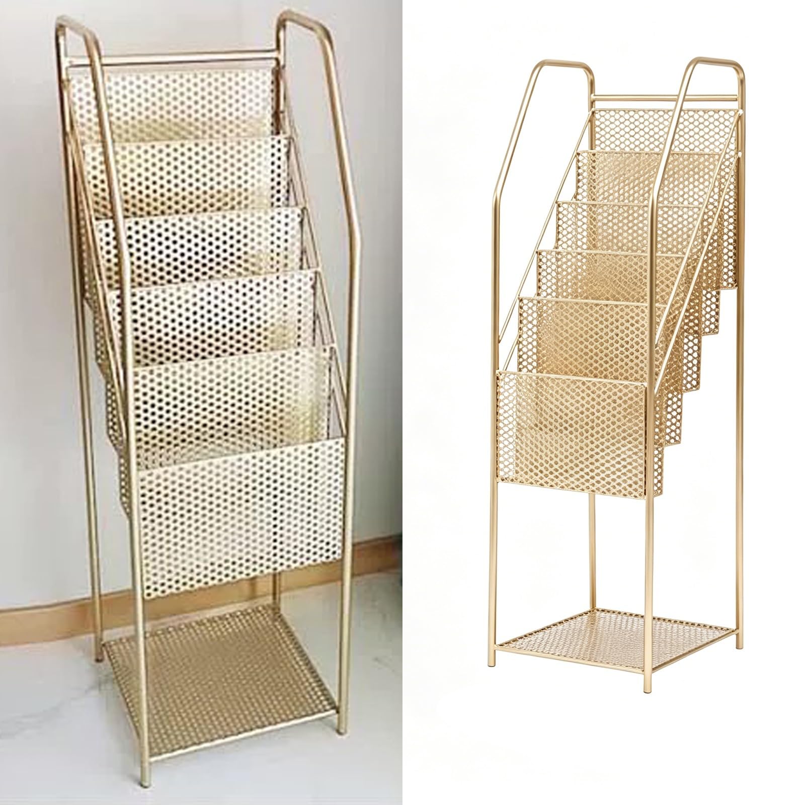 Cjwkxqol Gold Floor Standing Metal Mesh Brochure Display Stand, Vertical Magazine Rack For Home, Office, Malls, Hospitals, Reception Areas，Exhibitions(Gold)
