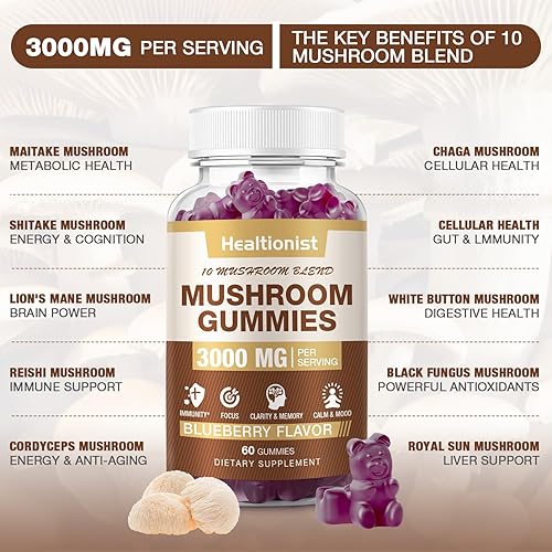Miniatura 3 de 3000 mg - Gomitas complejas de hongos, 10 mezclas, gomitas de melena de león para adultos, Cordyceps, Shiitake, Reishi, Chaga, cerebro, apoyo