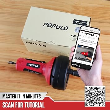 POPULO Auto-Feed 17FT Drain Snake Auger for 3/4-2 Pipe, Plumbing Snake Drain Auger with Drill Adapter, Sink Snake Drain Hair Remover for Kitchen, Bathroom and Shower Sink, PMDA-5