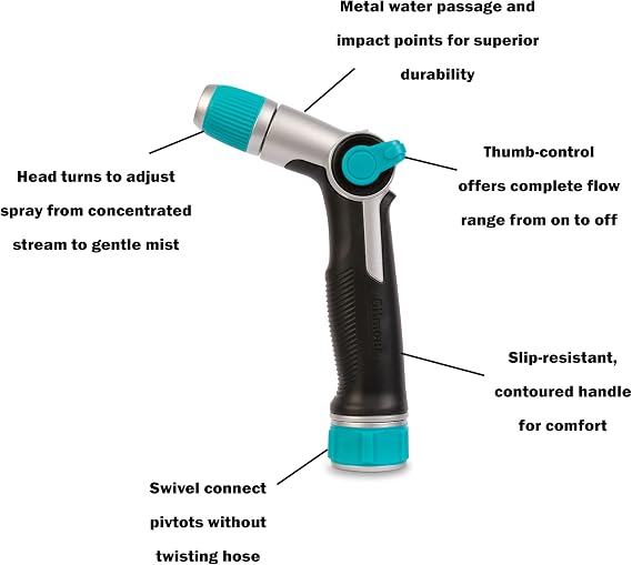 Gilmour Medium Duty Thumb Control Garden Hose Nozzle with Adjustable Spray Pattern, Water Hose Nozzle for Watering Garden or Lawn, Black/Aqua