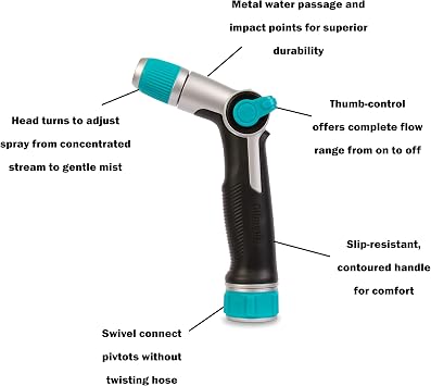 Gilmour Medium Duty Thumb Control Garden Hose Nozzle with Adjustable Spray Pattern, Water Hose Nozzle for Watering Garden or Lawn, Black/Aqua