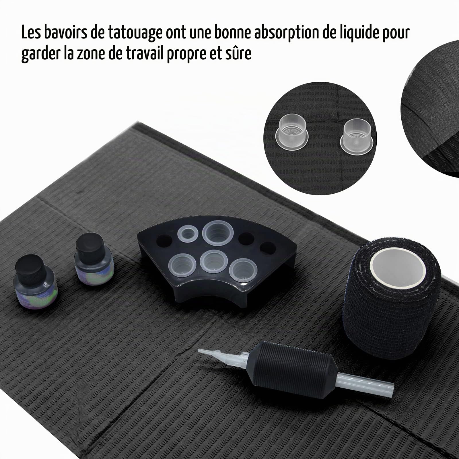 Bavoirs Dentaires Jetable, SOTICA 125pcs Bavoirs Jetable Tatouage Noir Bavoirs Papier Imperméable 3 Plis Protection Table Tatouage