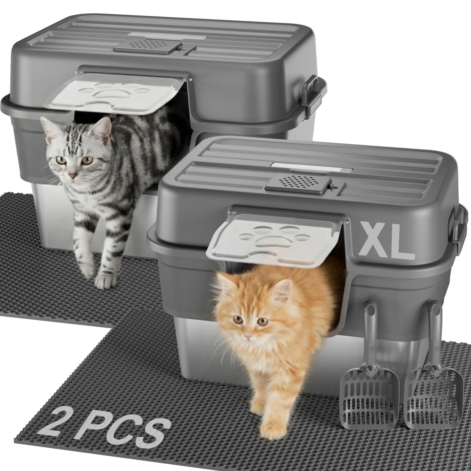 2PACK Stainless Steel Litter Box with Lid, XL Extra Large Litter Box for Big Cats, Enclosed Metal Litterbox High Sided, Easy Cleaning Anti-Urine Leakage, Mat & Scoop, Dark Grey