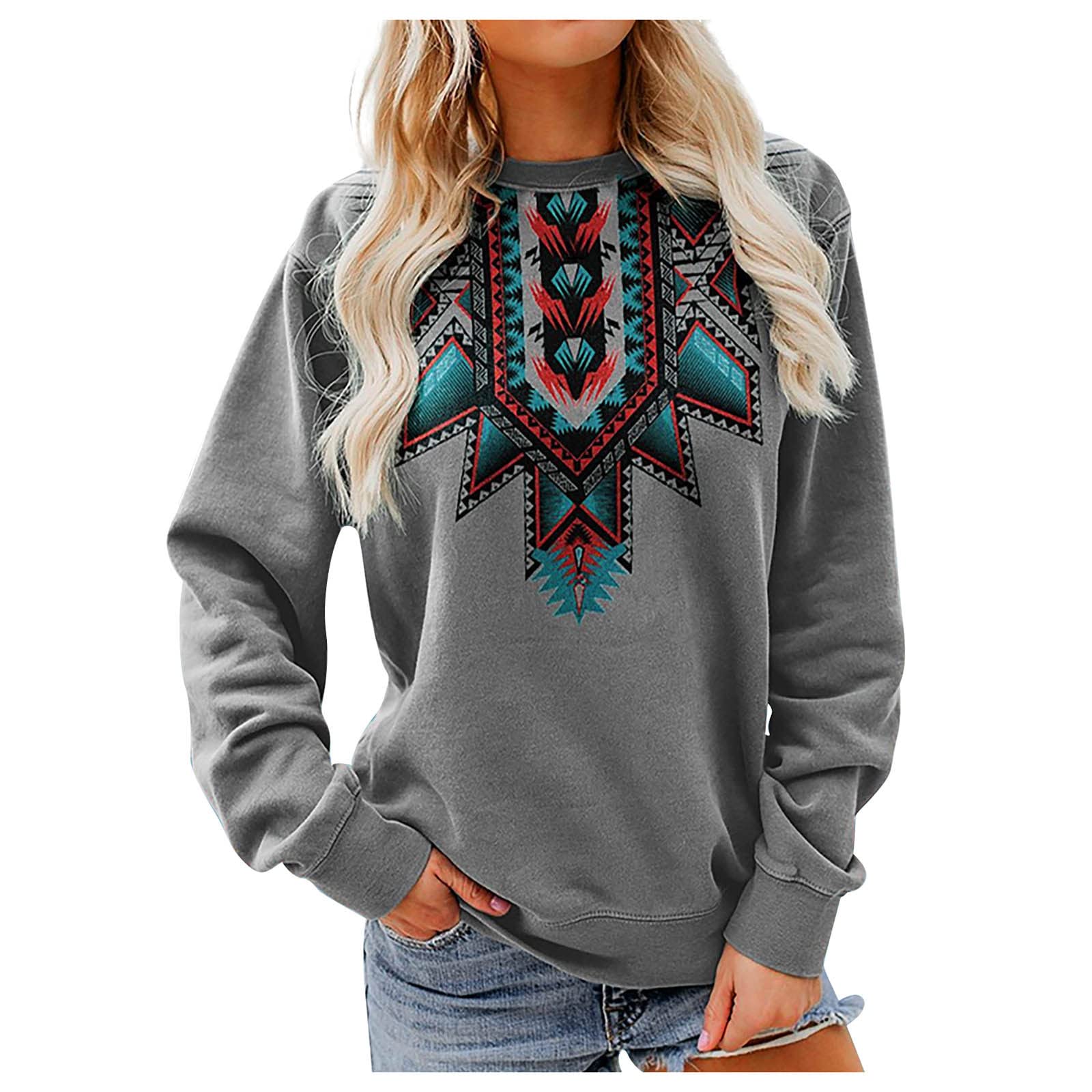 Mnhhatv Womens Aztec Geometric Graphic Sweatshirts Vintage Loose Fit Long Sleeve Shirts Western Cowgirl Tops Plus Size Blouse Hot Pink X-Large