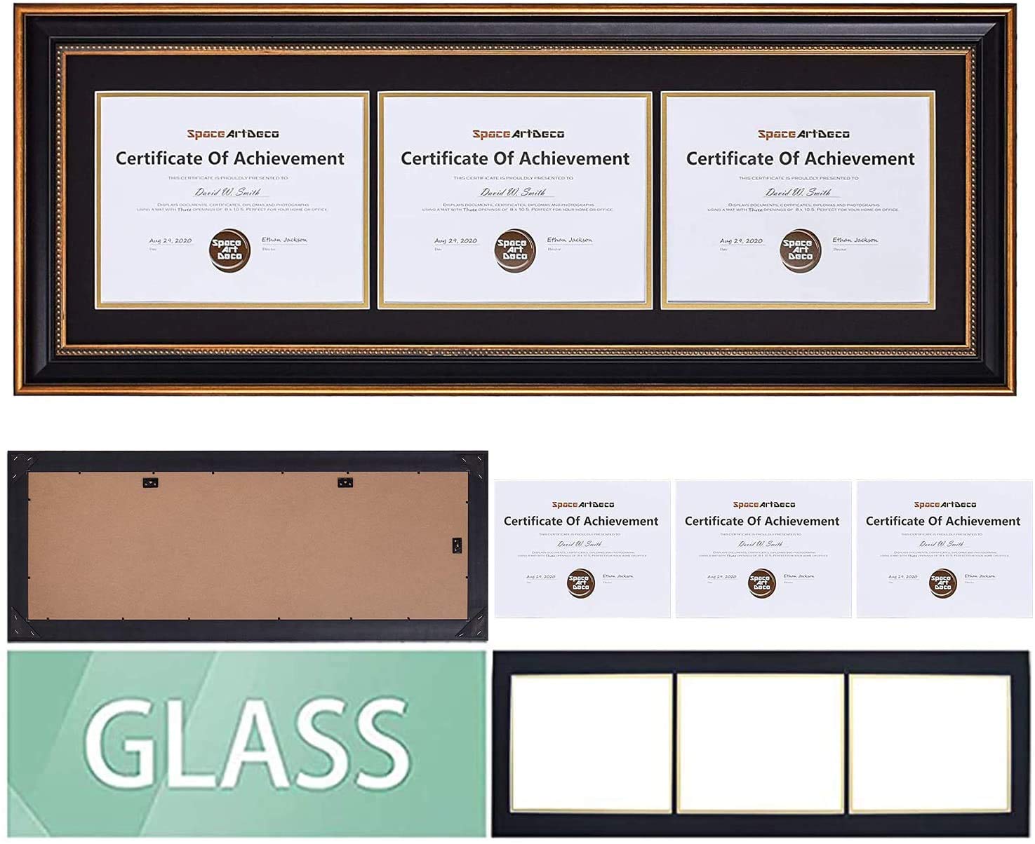 Space Art Deco, Triple Certificate Frame with Mat for (3) 8.5x11 Certificates/Diplomas Sawtooth