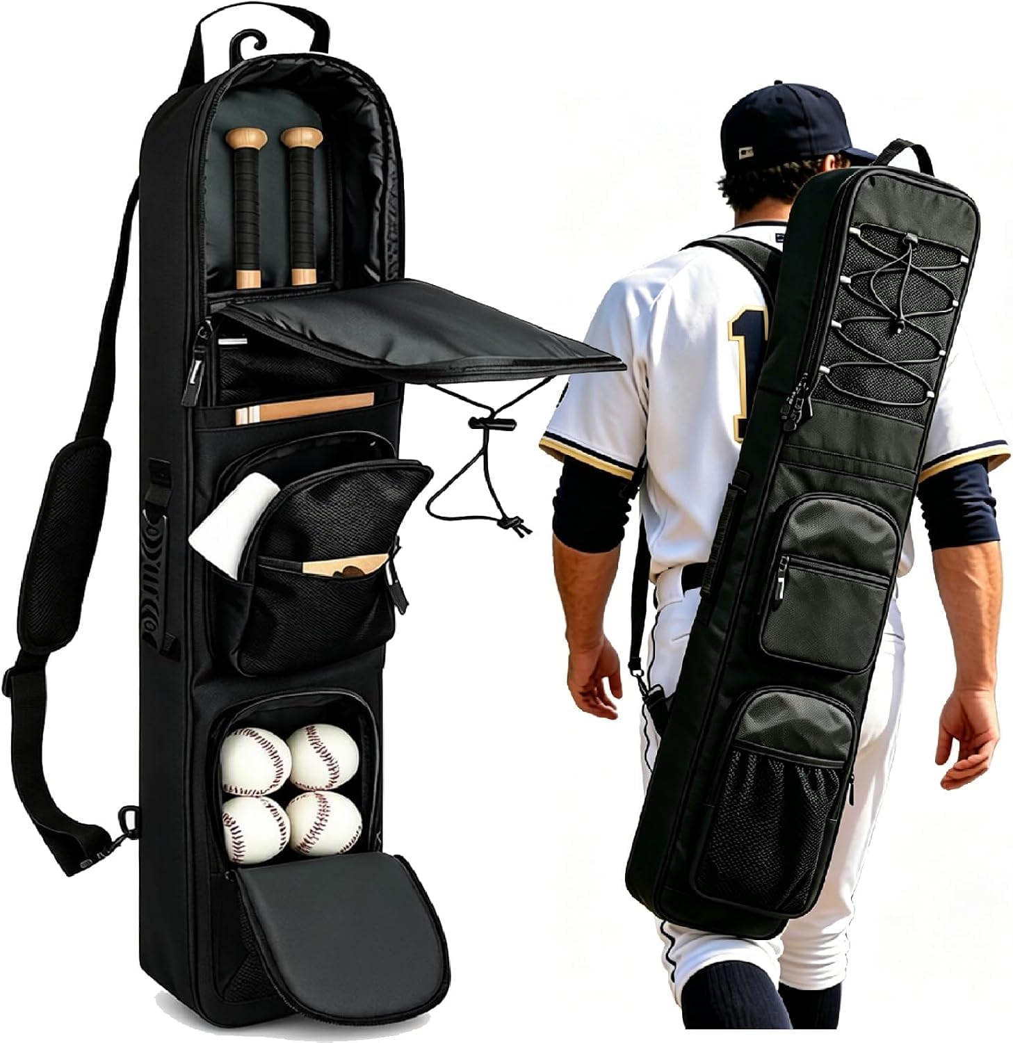 Baseball-Tasche für 3-4 Schläger, mit Zaunhaken und verstellbarem Schultergurt