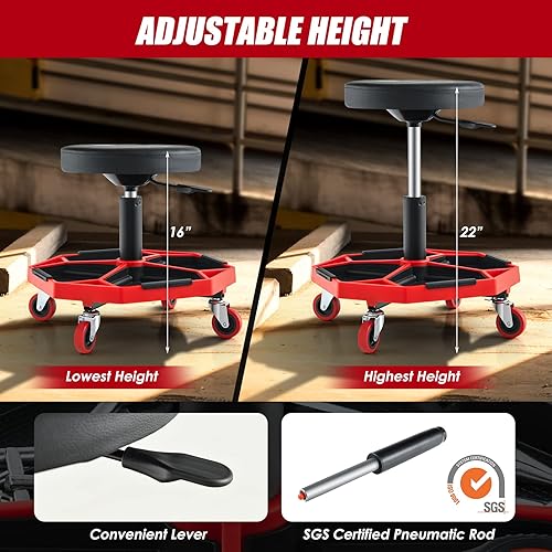 Miniatura 13 de Goplus Taburete mecánico, silla de garaje con ruedas de altura ajustable de 16 a 22 pulgadas, bandeja magnética extraíble para herramientas, cojín