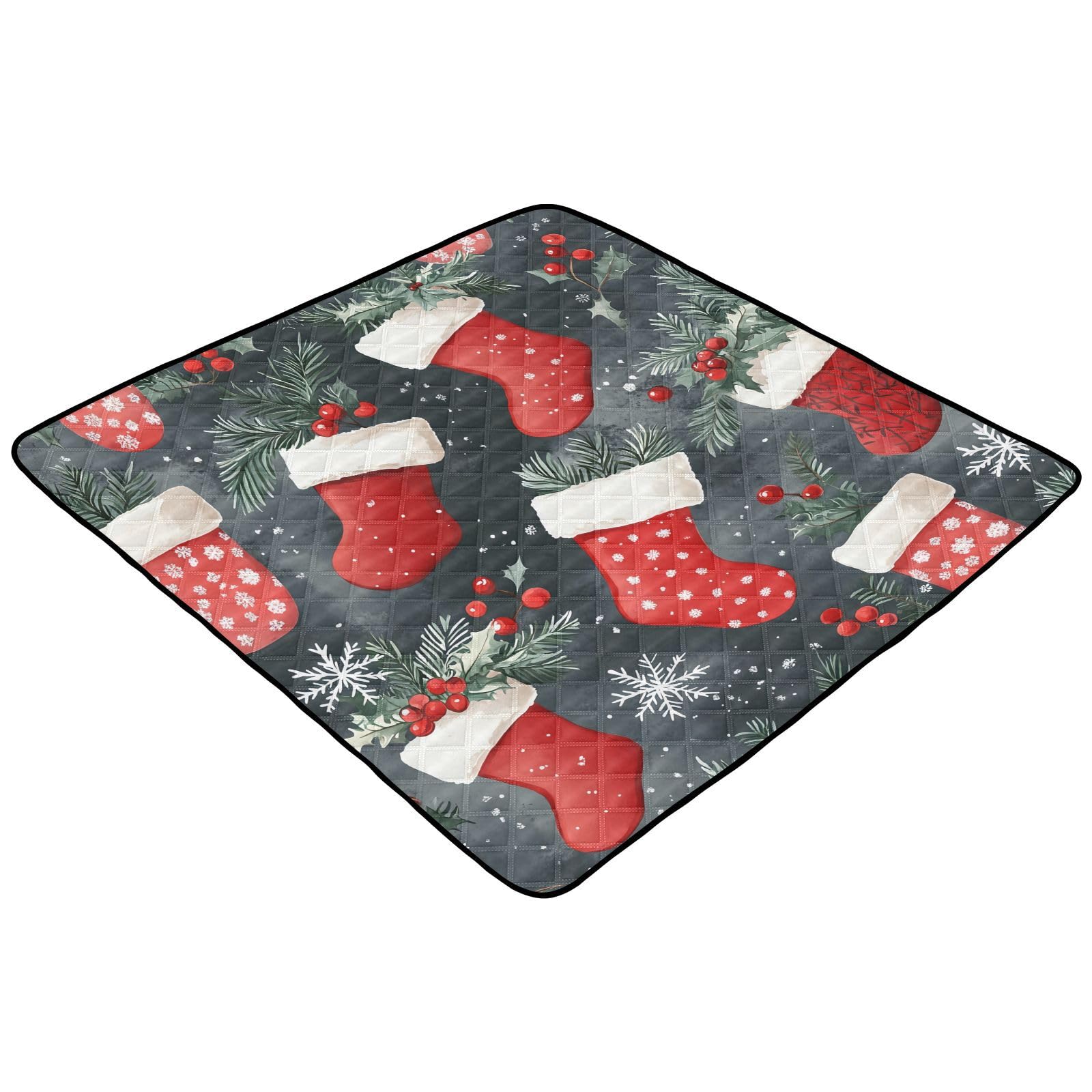 BOESI Doodle Christmas Stocking Pattern Baby Play Mat, 50“ X 50” Washable Folding Crawling Mat, Baby Floor Mat, Soft, Thick, Non-Slip