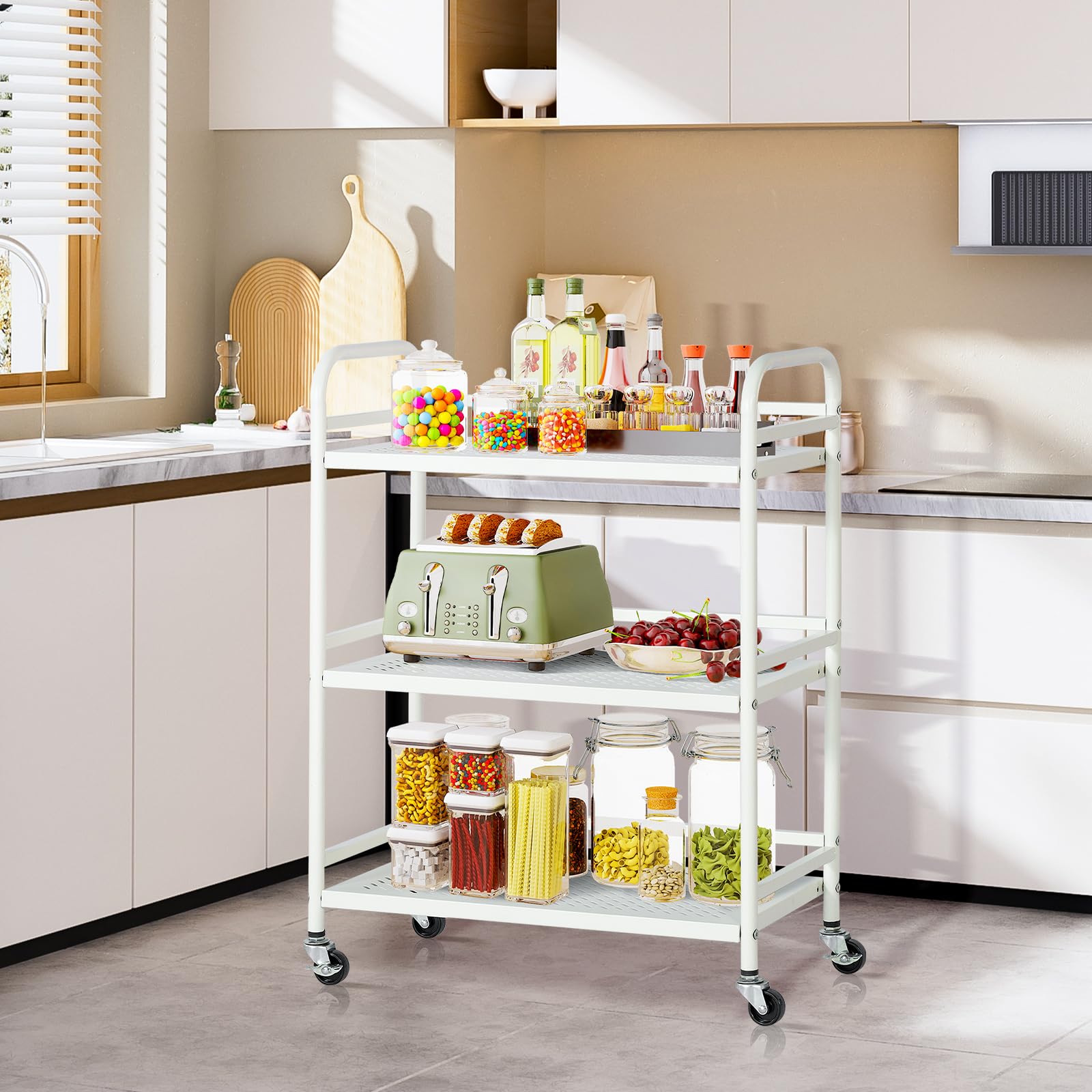 HDANI Carrito Cocina,Carro Auxiliar de Metálicos de 3 Niveles Cocina o Multiuso con Ruedas,para el hogar (Blanco, 60×30×75cm Malla)