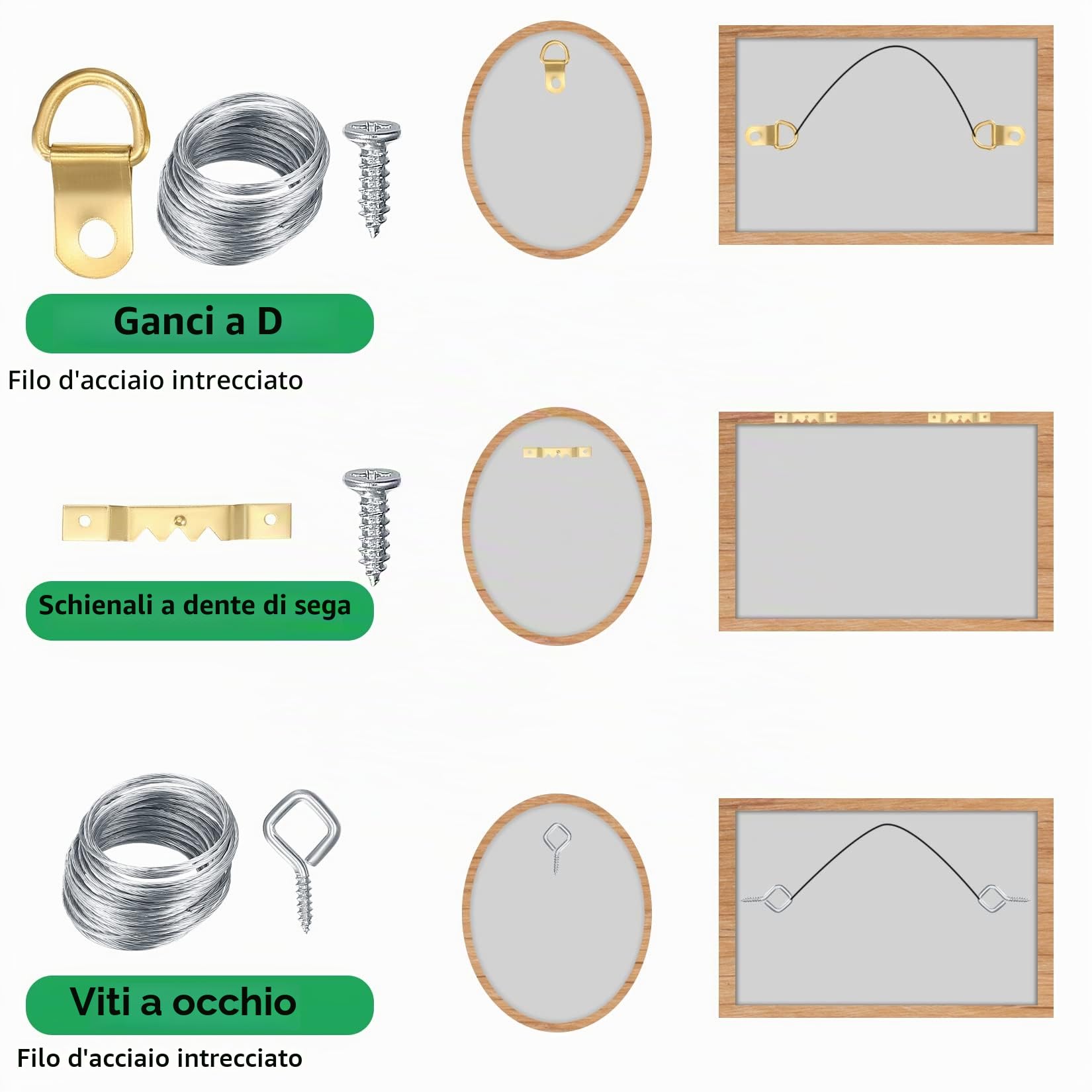 300 Pezzi Ganci per Appendere Quadri in Metallo con Chiodi, Occhi a Vite, Anelli a D, Supporti Appendiabiti Pesanti Kit