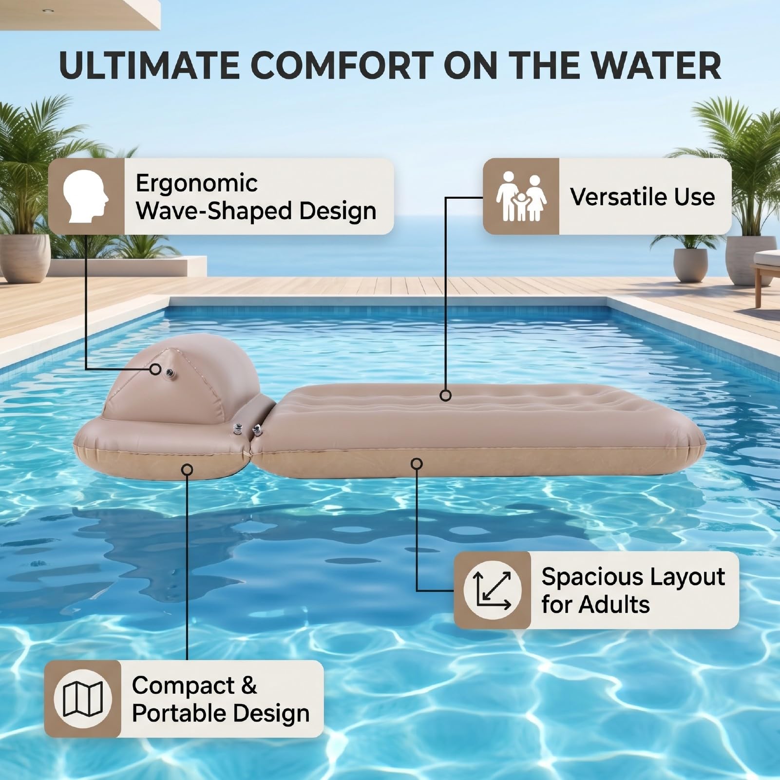 Fockety Aufblasbare Pool-Schwimmmatte, Leichtes, mit PVC Beflocktes Strandfloß für Erwachsene, mit Ergonomisch Geformtem Design und Erhöhten Kanten, für Sommerliches Wasserfaulenzen Im