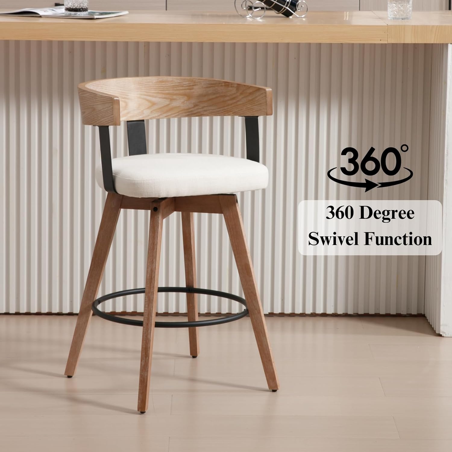 Ya-Home Mid-Century Bar Stool 1PC, 26 Inch Swivel Counter Height Stool Linen Fabric Barstool with Barrel Backrest Wooden Legs for Kitchen Island Dining Room, White