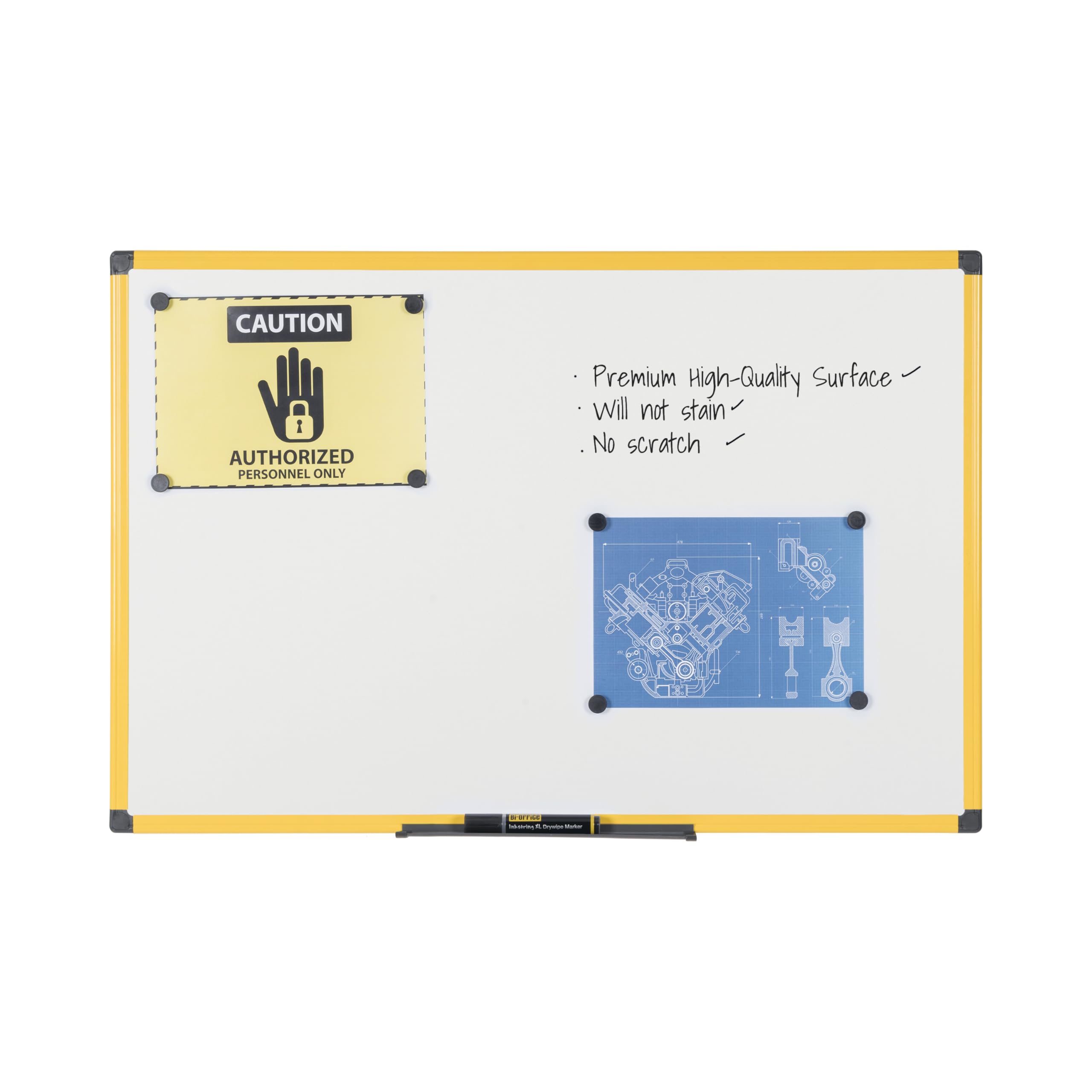 Bi-Office Whiteboard Ultrabrite – 60 x 45 cm, emailliert, gelber Aluminiumrahmen mit Stifteablage