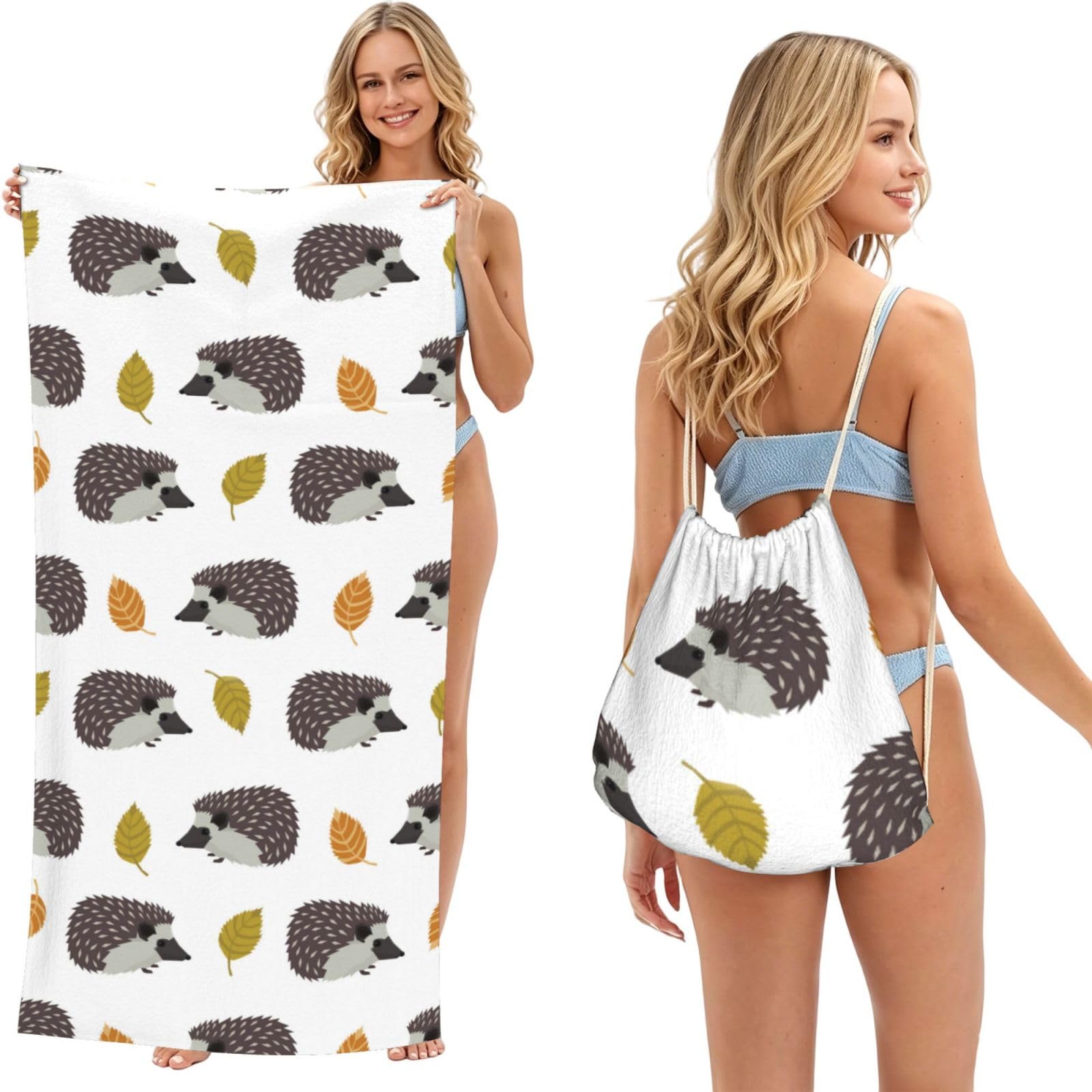 Poadnly As Picture Autumn Leaves Hedgehog, 2 In 1 Packable Towel Bag, Beach Towels With Drawstring Backpack For Travel Holiday Camping