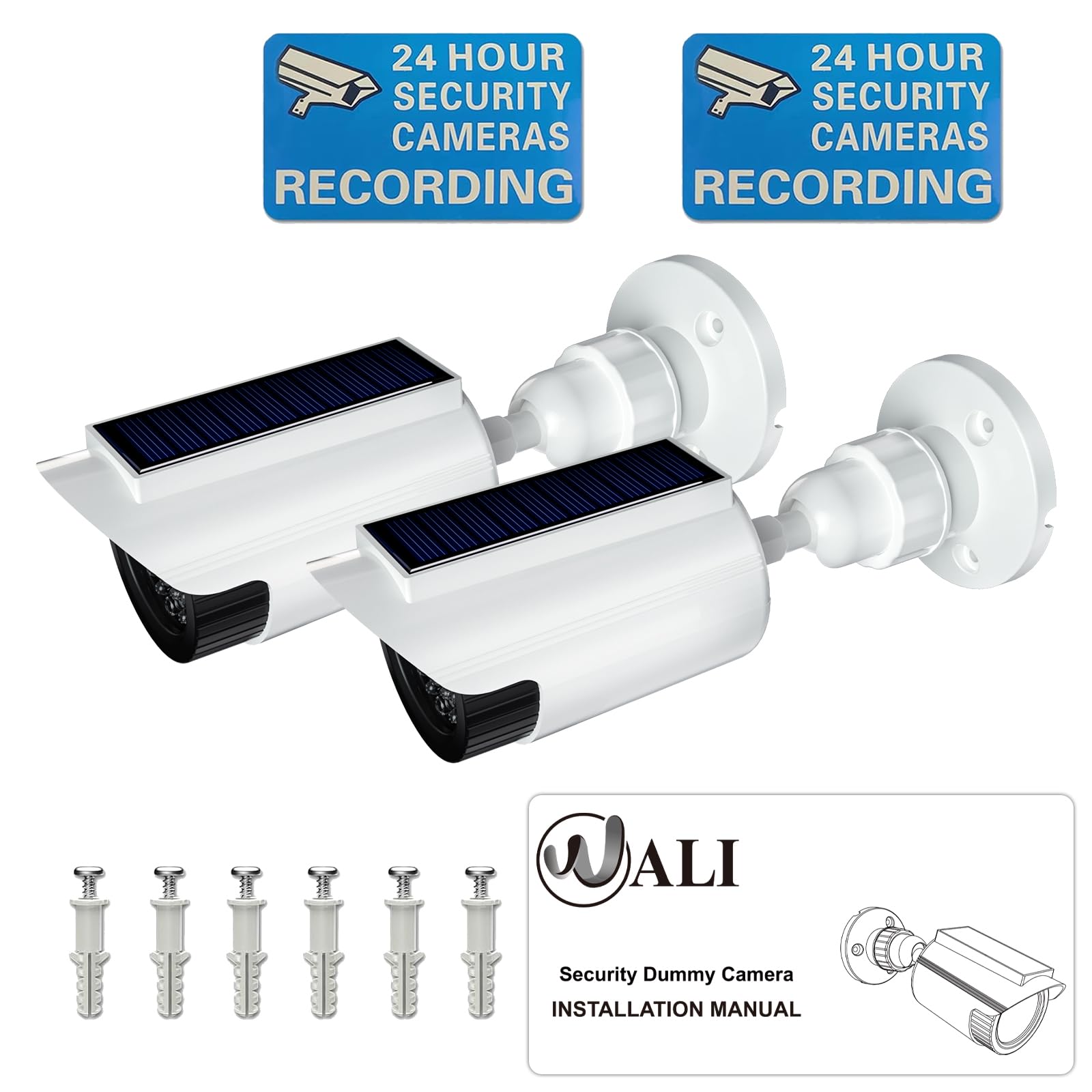 WALI Lot de 2 fausses caméras de sécurité factices à énergie solaire avec lumière LED pour intérieur et extérieur - Simulation de surveillance - Caméras dôme avec autocollant d'avertissement (SOLTC-W2