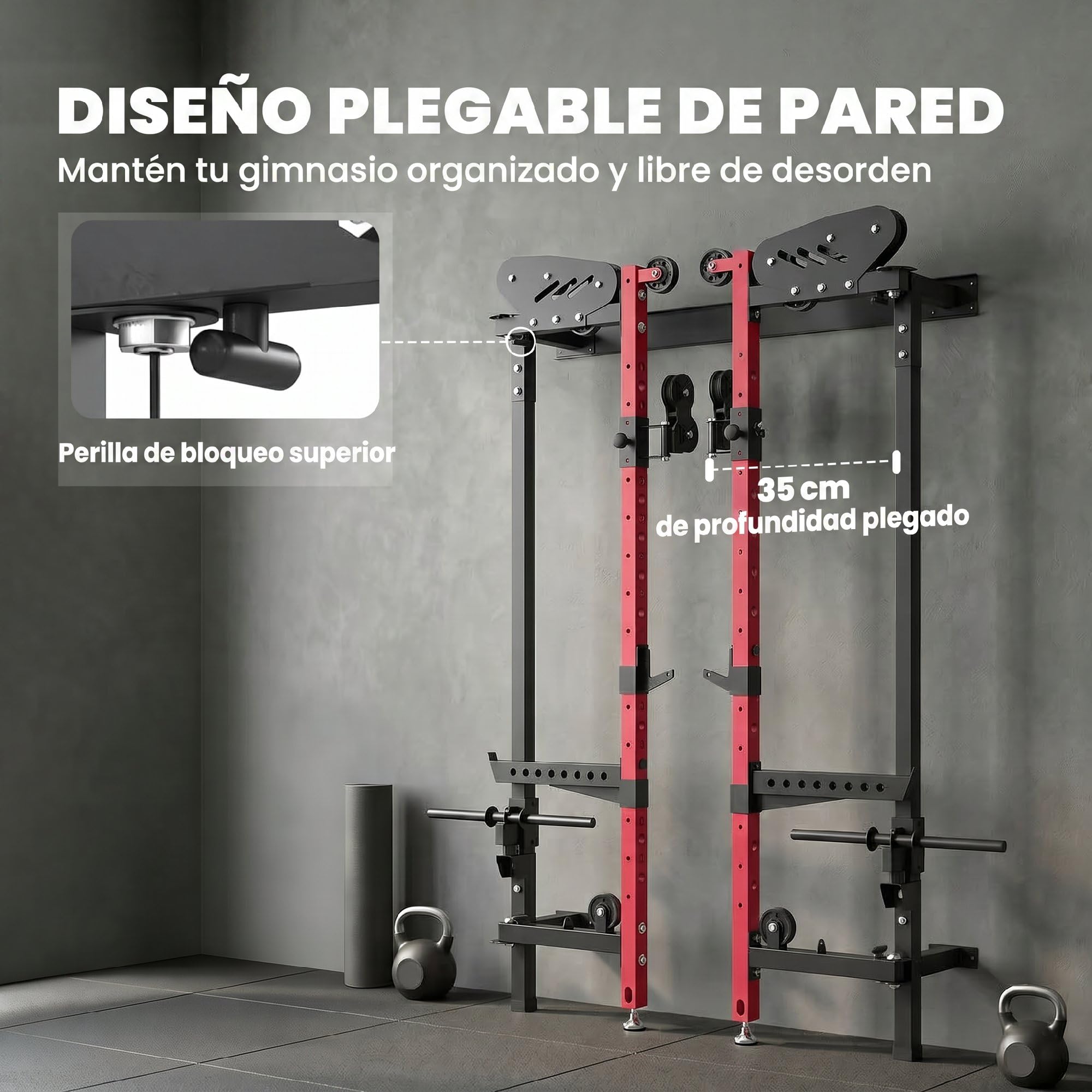 SPORTNOW Jaula de Potencia Musculación Plegable, Rack para Sentadillas | en Pared, Barra de Dominadas, Sistema Poleas Dobles, Soportes Barra Ajustables en 14 Niveles 25-165cm, Carga 700 kg
