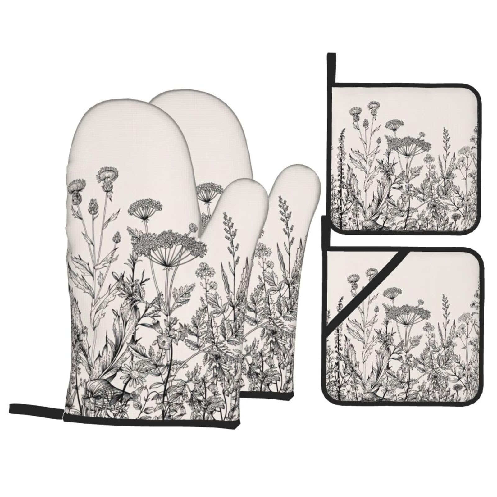 Floral Herbs Botanical Engraving Print 4-Piece Oven Microwaving Set Waterproof Kitchen Gloves for Baking Grilling Cooking