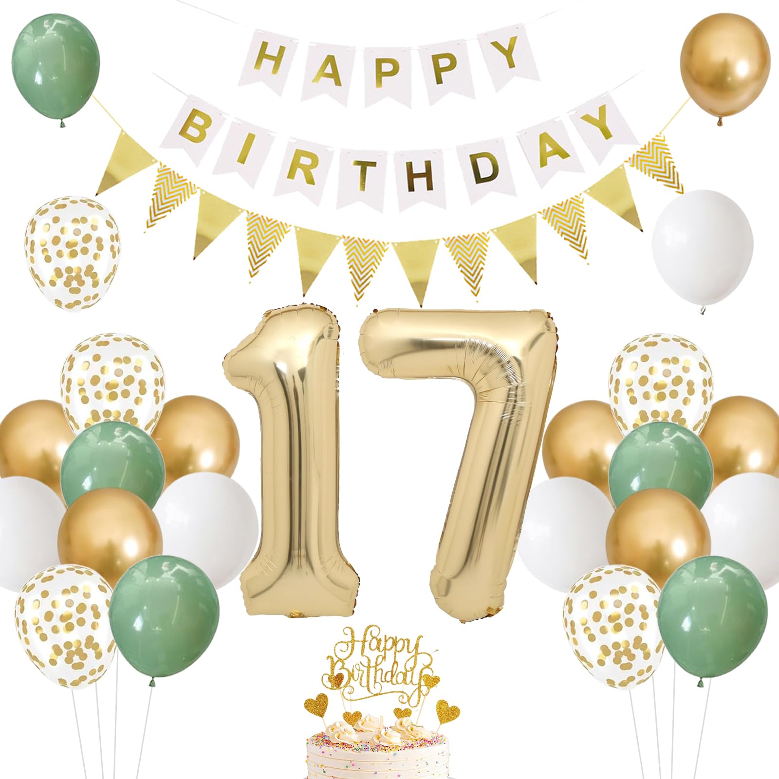 17th Birthday Decoration, 17th Birthday Woman Sage Green Gold, Birthday Decoration 17 Years Woman, Balloons 17th Birthday Happy Birthday Garland Balloon 17 Decoration for Birthday, Birthday Decoration