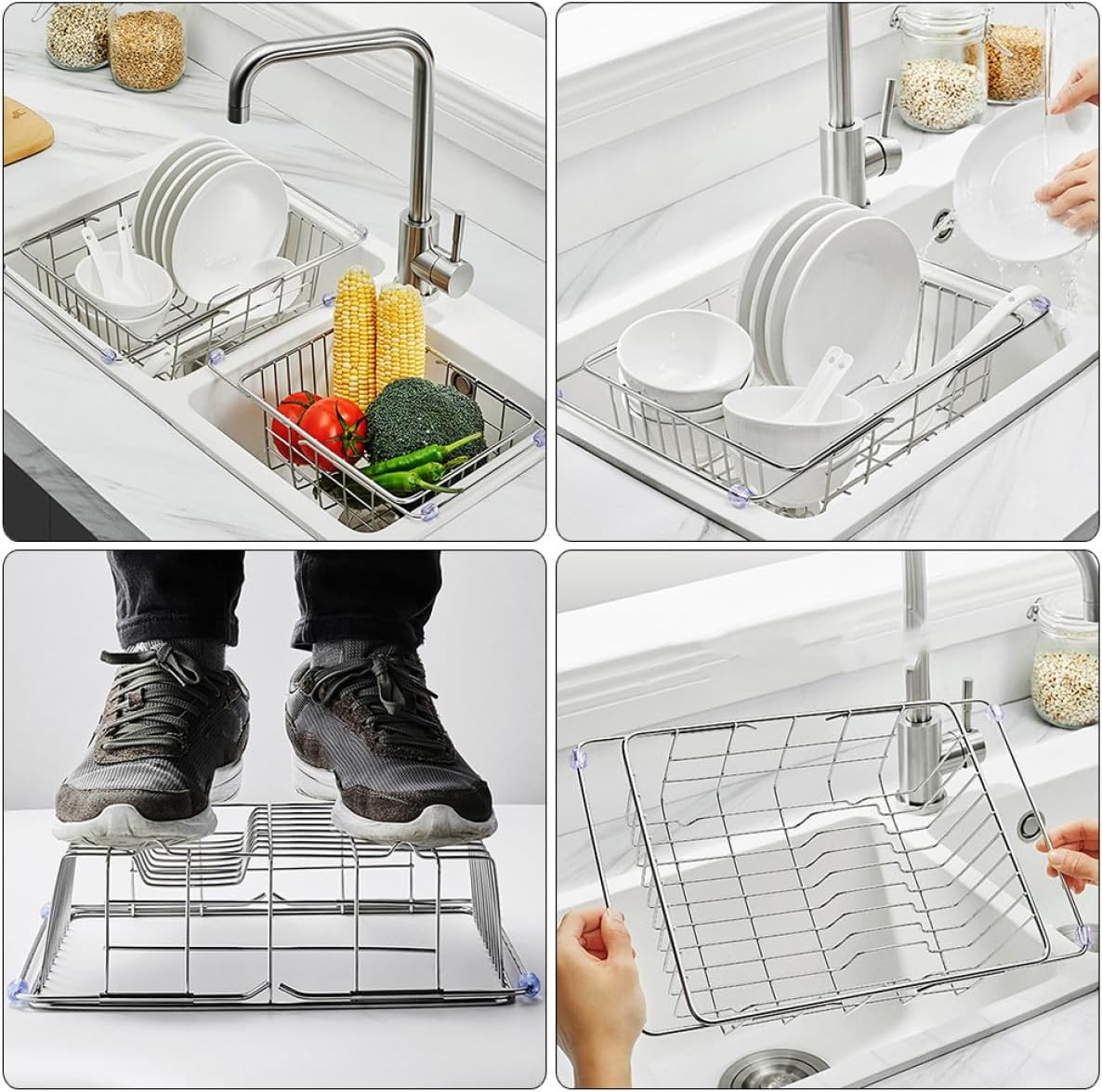 Expandable Stainless Steel Dish Rack with Handle Over Sink Dish Drainer Storage Organizer for Kitchen Countertop Multifunctional Basket for Plates and Utensils