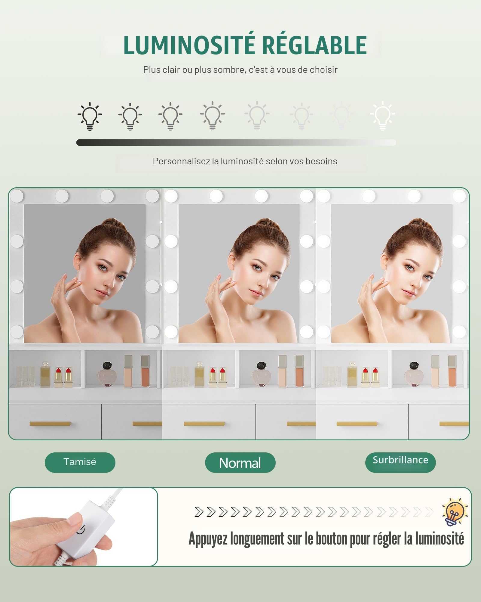 Hzuaneri 90cm Coiffeuse avec Miroir et 10 Lumières LED Réglables, Coiffeuse avec 2 Tiroir et 1 Armoire, 3 Étagères et 4 Compartiments Ouverts, Blanc DT32503X