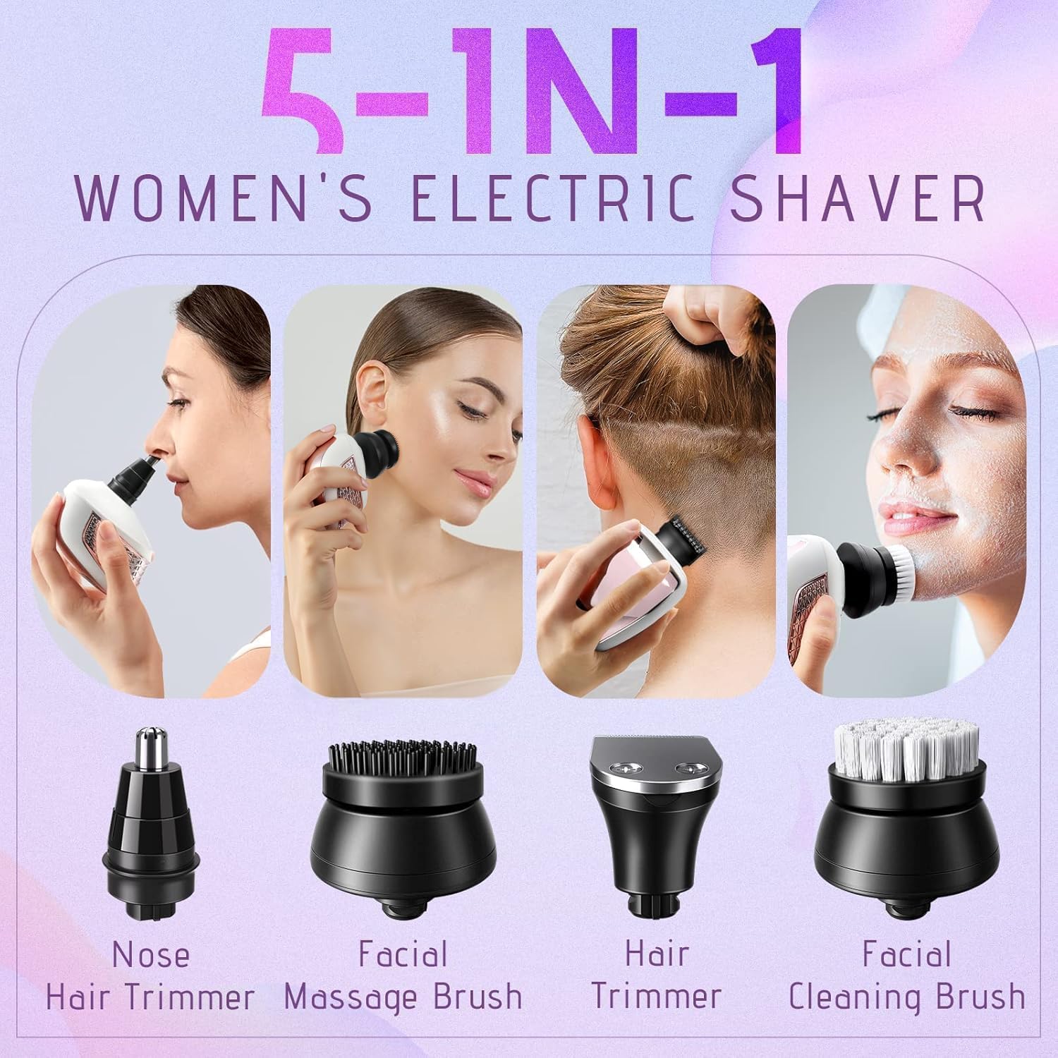 Maquinillas de afeitar eléctricas para mujeres: afeitadora eléctrica 5 en 1 con cabeza 7D – IPX6 resistente al agua, removedor de pelo seco y húmedo con visualización LED y bloqueo de viaje para
