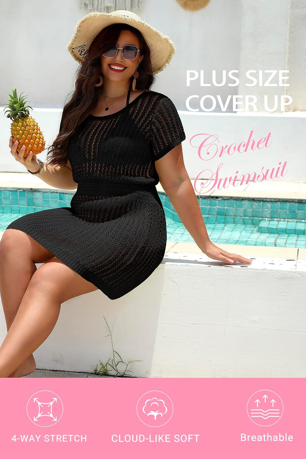 Aqua Eve Women's Plus Size Swimsuit Cover Up - Crochet Bathing Suit Coverup 2025 Short Sleeve Beach Dress Swimwear