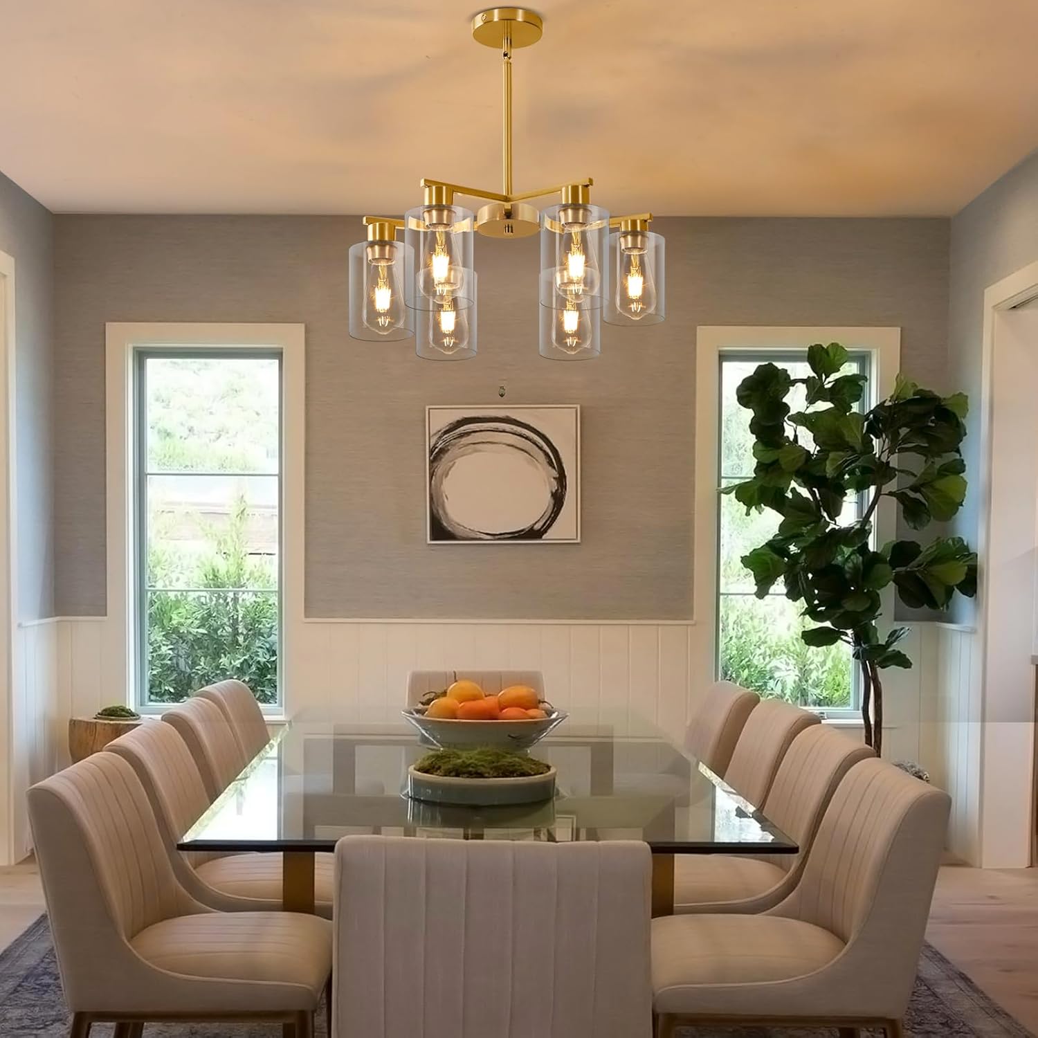 Modern Farmhouse Gold Chandelier 6-Light Industrial Dining Room Light Fixture with Clear Glass Shades Adjustable Height Hanging Pendant Lights for Living Room Kitchen Island Entryway