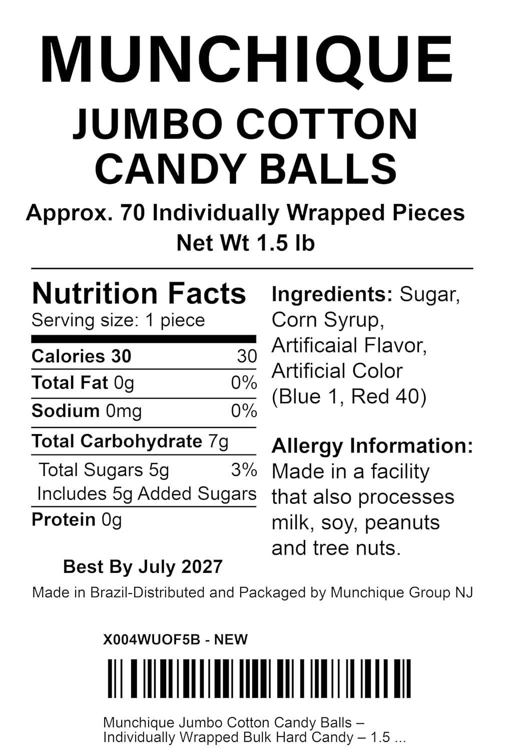 Munchique Jumbo Cotton Candy Balls – Individually Wrapped Bulk Hard Candy – 1.5 lb Bag (Approx. 70 Pieces) – Pink & Blue Carnival Candy for Parties & Stocking Stuffers