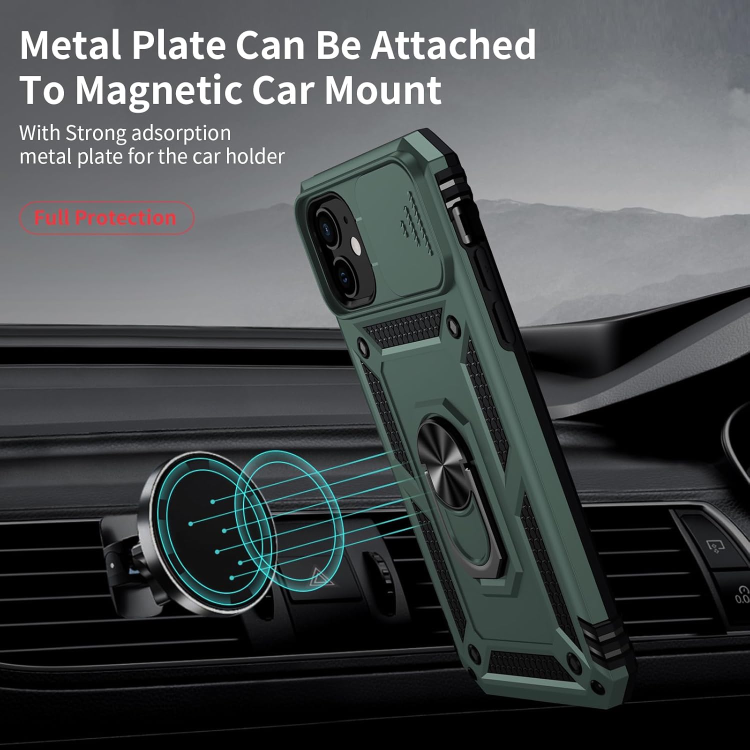 Weycolor for iPhone 11 Case with Camera Lens Cover, HD Screen Protector, 10 FT Military Grade Drop Protection, Magnetic Ring Holder Kickstand Protective Phone Case for iPhone 11, Pine Green - Image 2