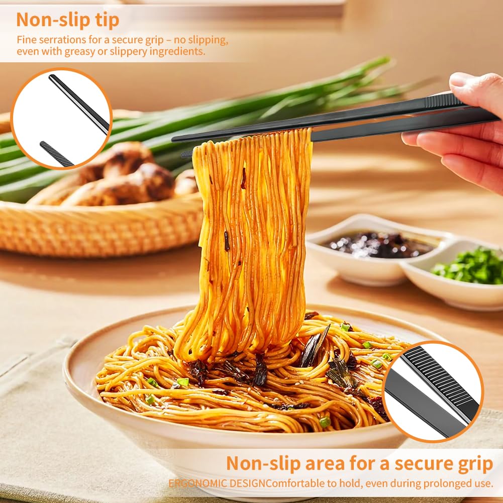Kitchen Tweezers Tongs 2pcs, 30cm Extra-Long Non-Slip Cooking Tweezers, Stainless Steel Metal Food Tongs, for BBQ, Frying, Salad, Hot Pot, Air Fryer, Black - Straight Head + Round Head — view 6