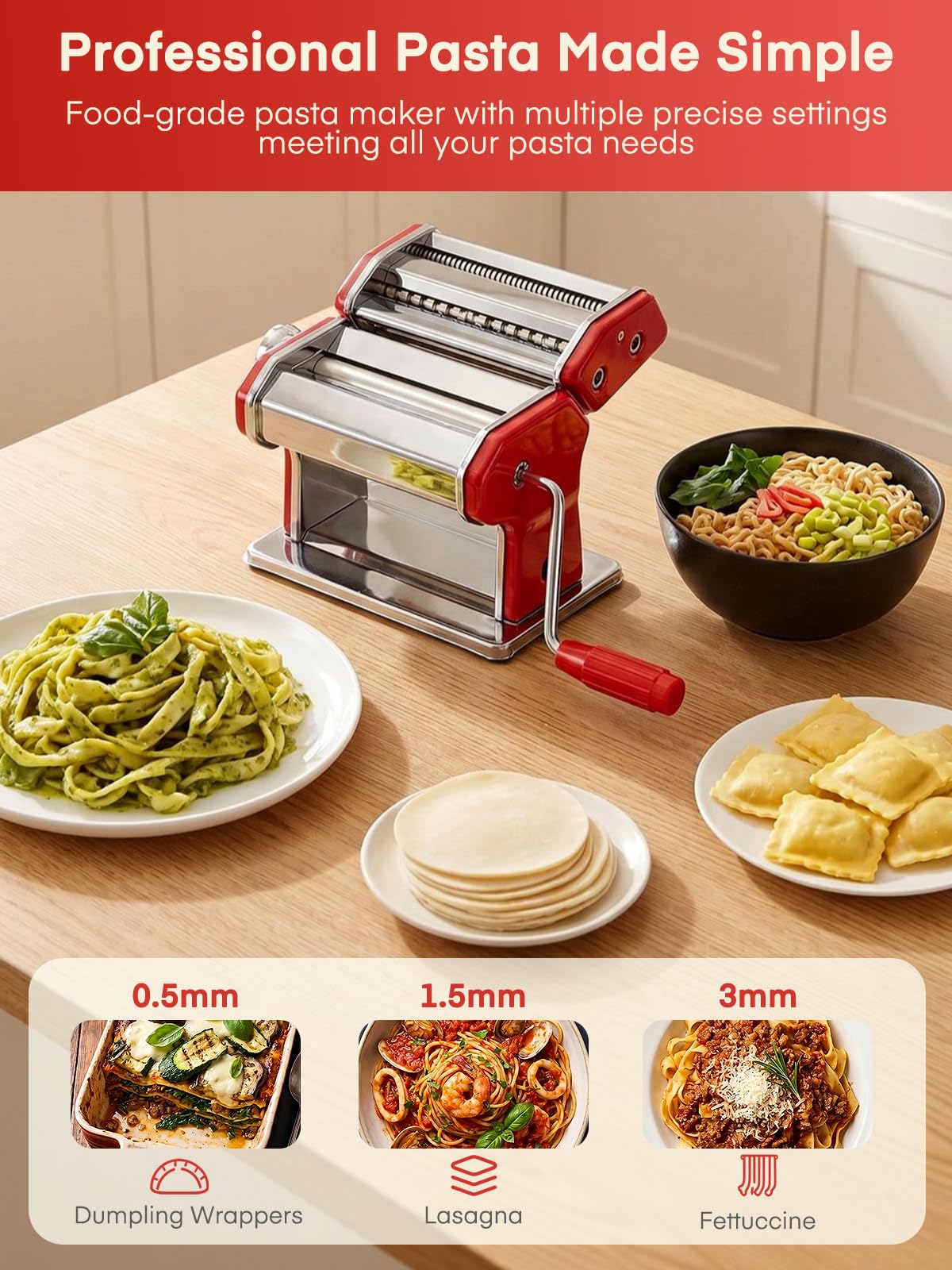 FOHERE Macchina per la Pasta Manuale,regolazione dello spessore a 7 livelli